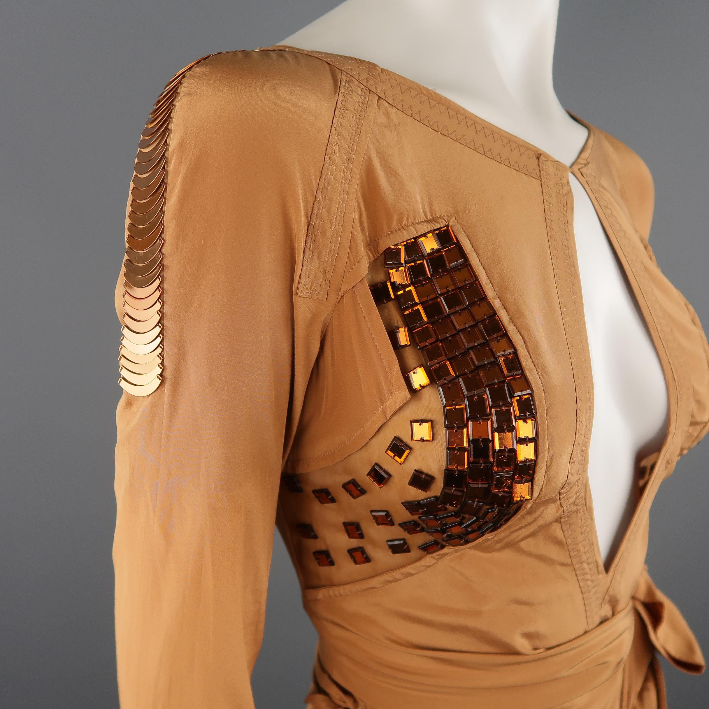 GUCCI - Spring 2005 Runway -Size 4 Tan Jeweled Bust Cutout Draped Cocktail Dress In New Condition In San Francisco, CA