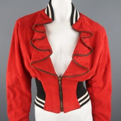 BYRON LARS Size S Red Suede Ruffled Zipper Lapel Varsity Baseball Jacket