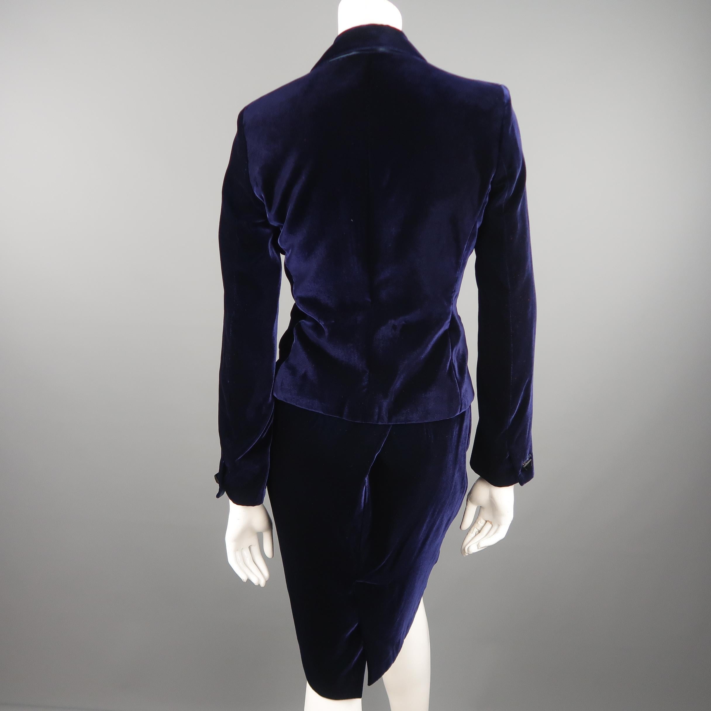 Black LES COPAINS Size 6 Navy Velvet Satin Peak Lapel Pencil Skirt Suit