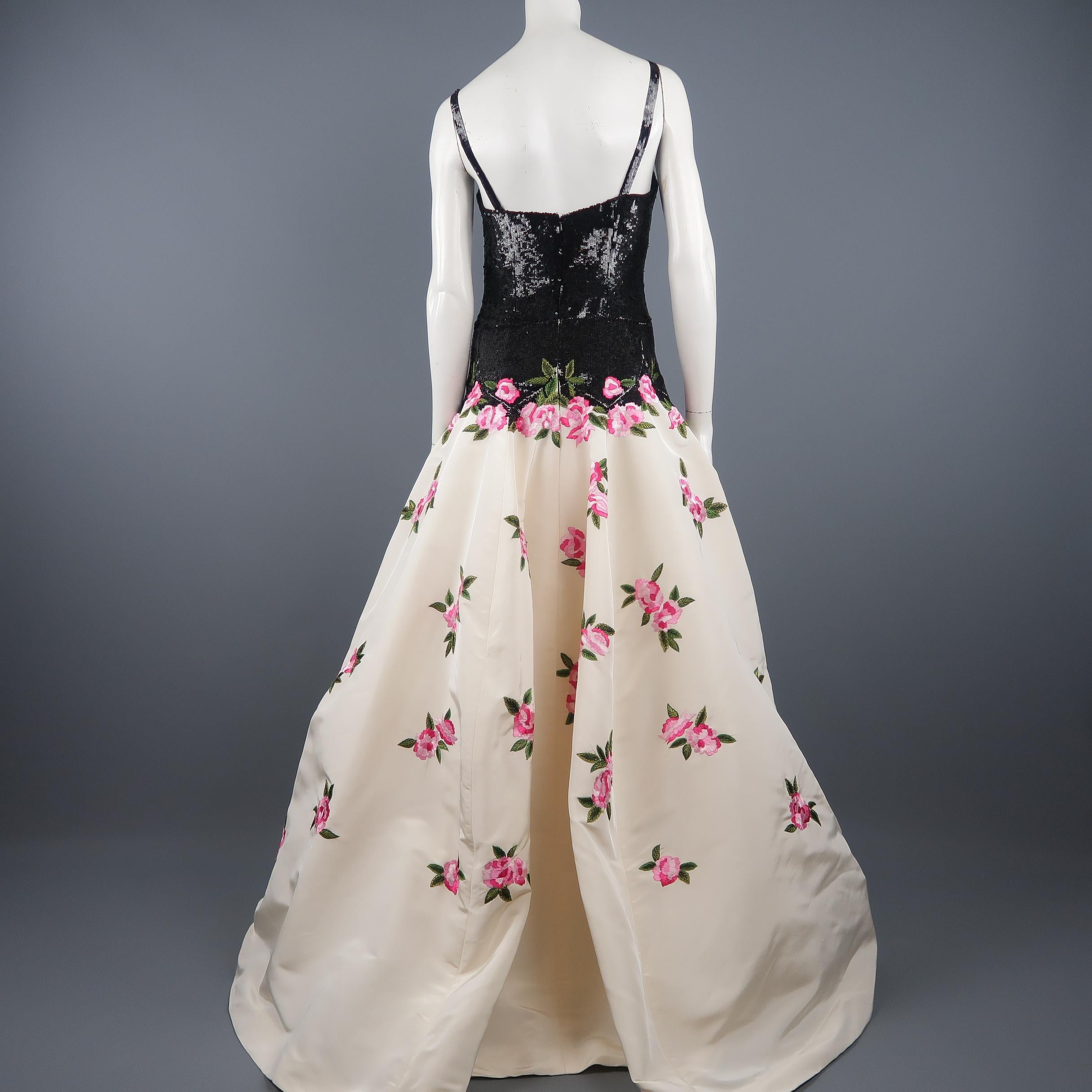 OSCAR DE LA RENTA Size 6 Black & White Silk Sequin Bodice Pin Floral Skirt Gown 6