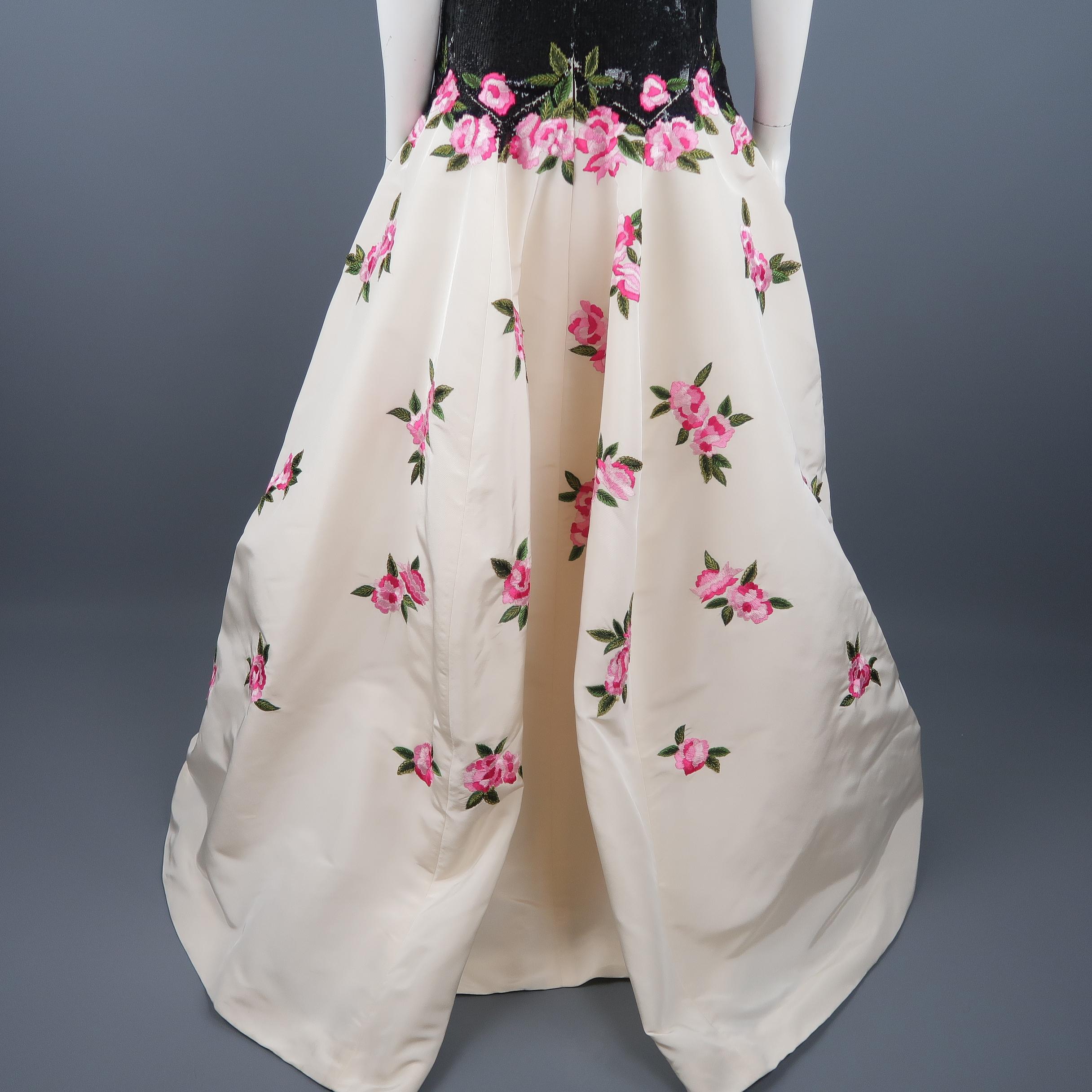 OSCAR DE LA RENTA Size 6 Black & White Silk Sequin Bodice Pin Floral Skirt Gown 5