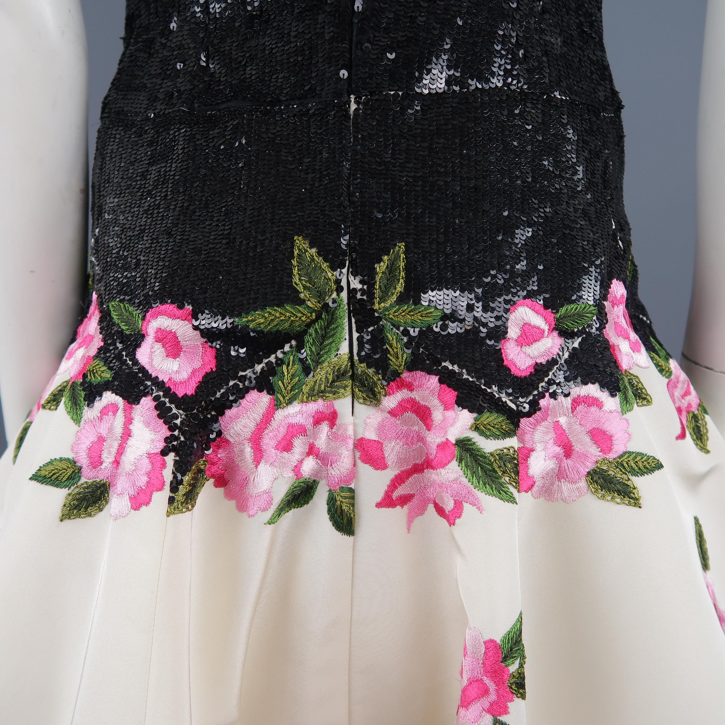 OSCAR DE LA RENTA Size 6 Black & White Silk Sequin Bodice Pin Floral Skirt Gown 7