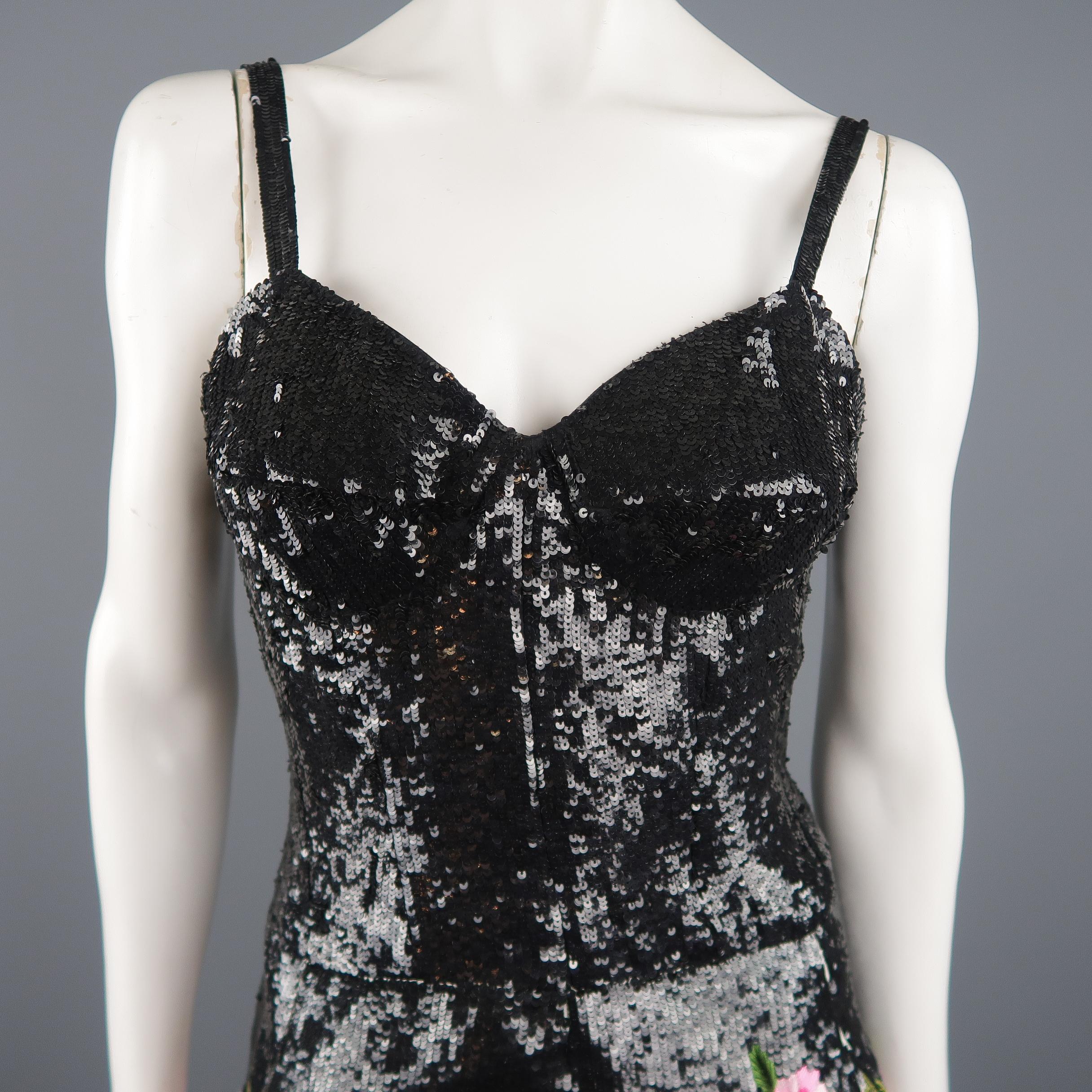 Beige OSCAR DE LA RENTA Size 6 Black & White Silk Sequin Bodice Pin Floral Skirt Gown
