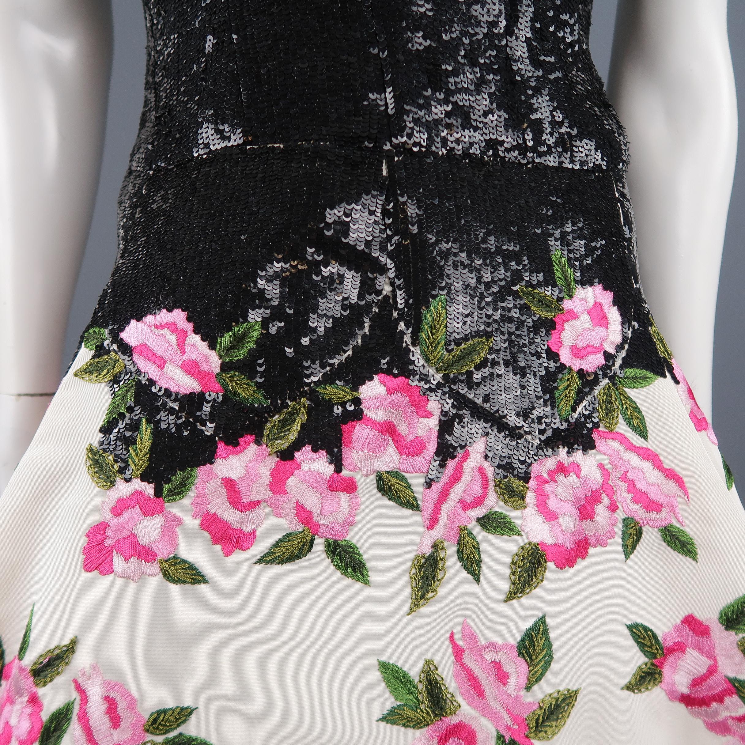 Women's OSCAR DE LA RENTA Size 6 Black & White Silk Sequin Bodice Pin Floral Skirt Gown