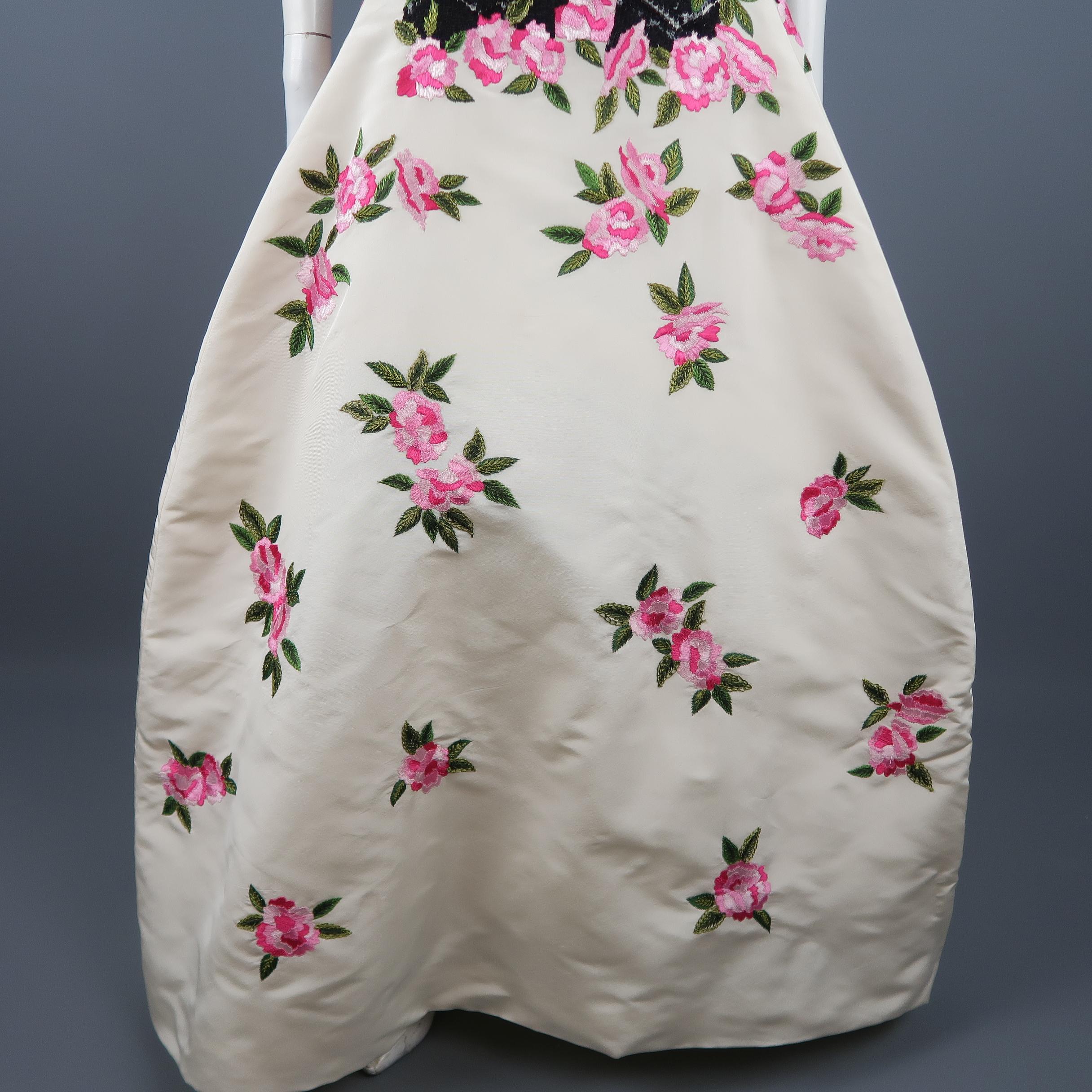 OSCAR DE LA RENTA Size 6 Black & White Silk Sequin Bodice Pin Floral Skirt Gown 1