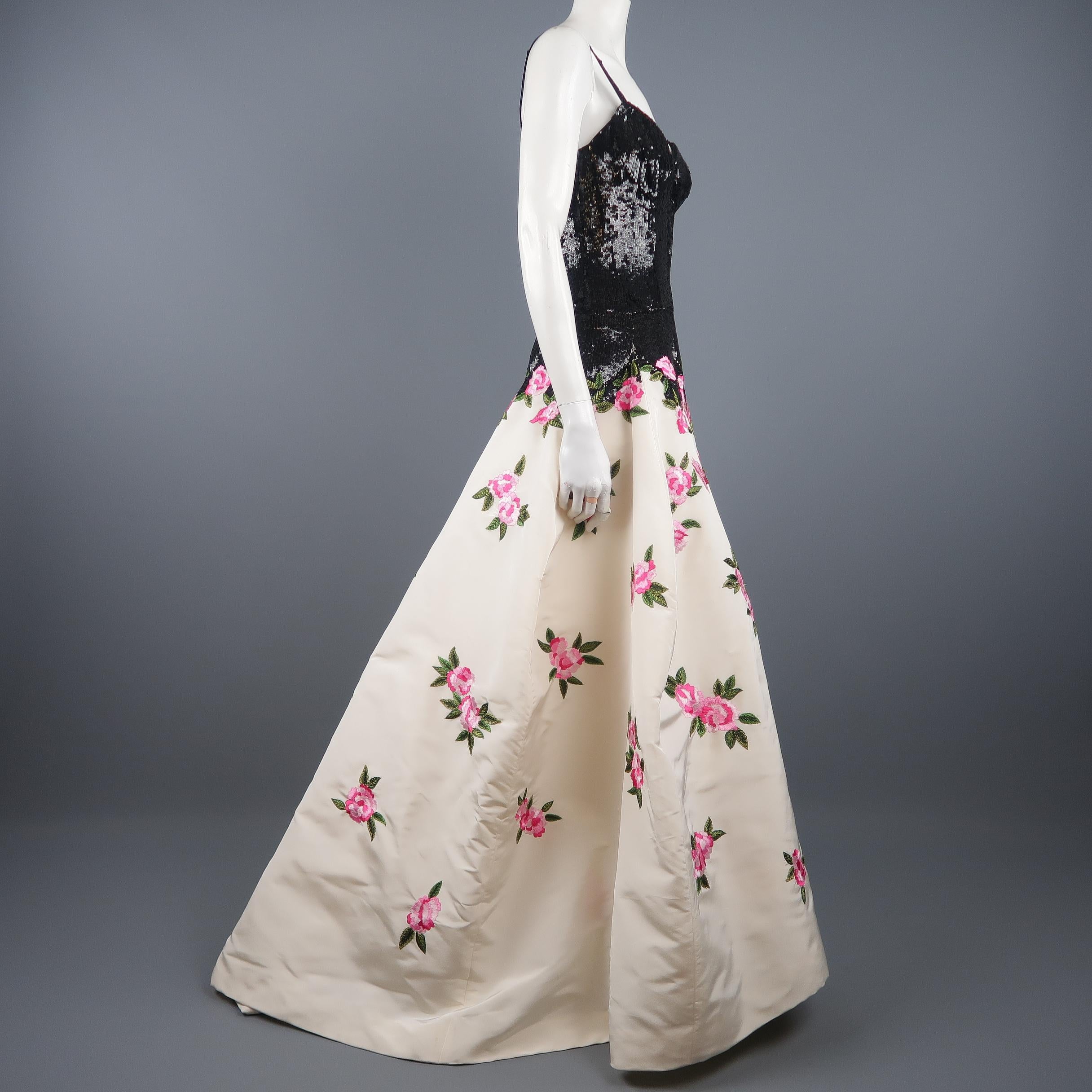 OSCAR DE LA RENTA Size 6 Black & White Silk Sequin Bodice Pin Floral Skirt Gown 3