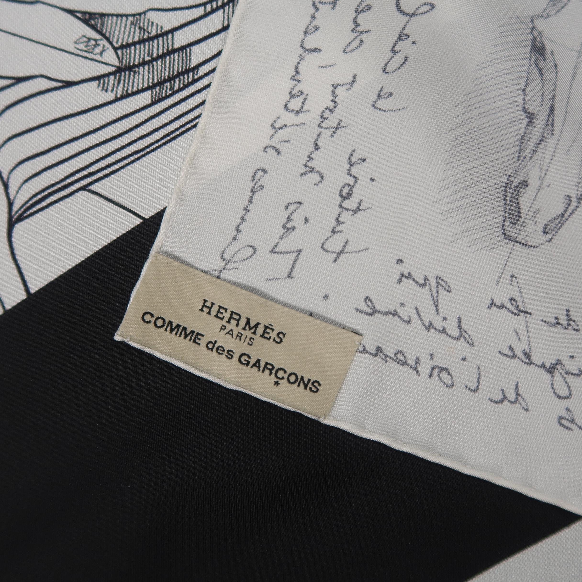 HERMES X COMME des GARCONS White & Black 'Le Pegase d'Hermes' Silk Scarf 1