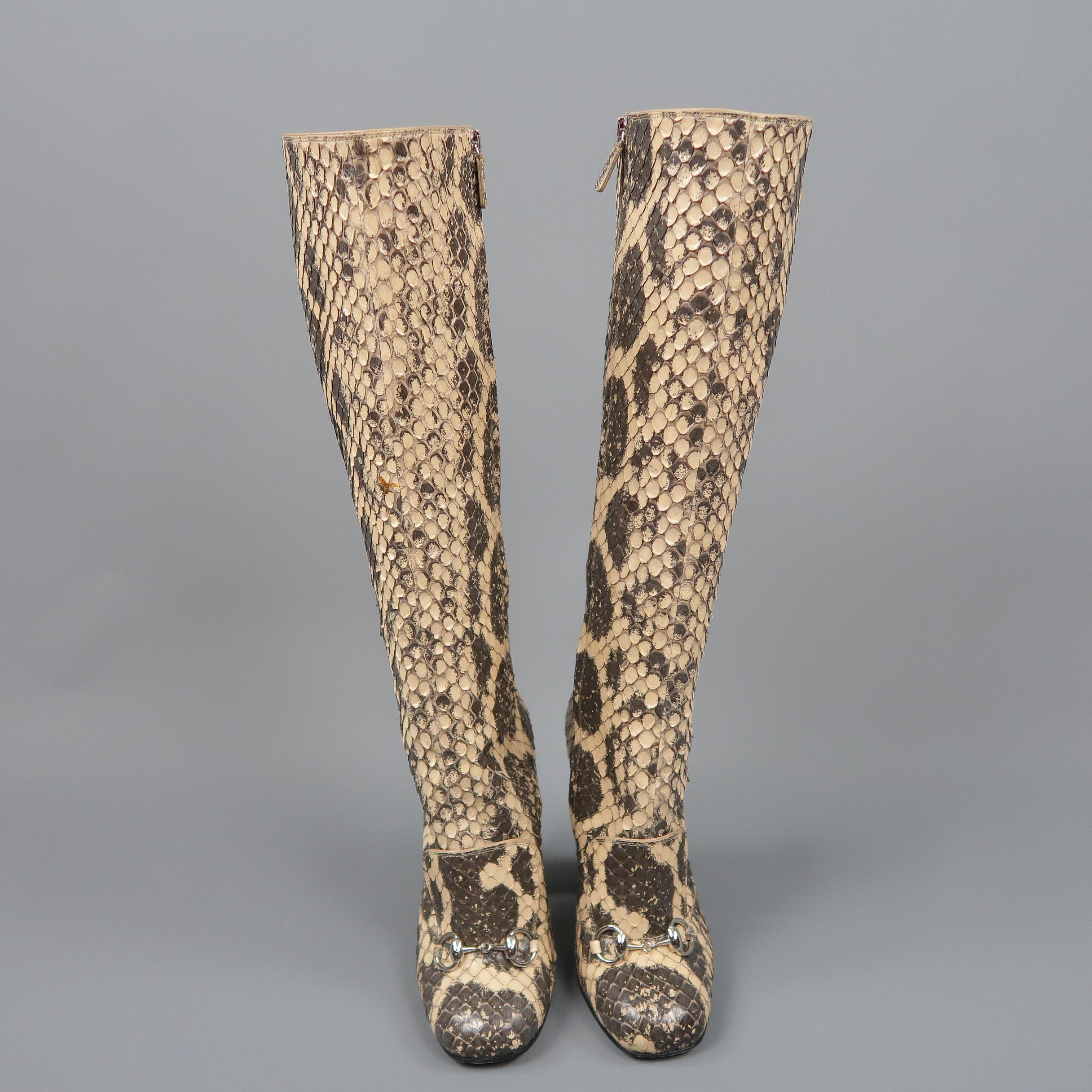 GUCCI Size 7.5 Beige Phython Snakeskin Leather Horsebit Knee High Boots In Good Condition In San Francisco, CA