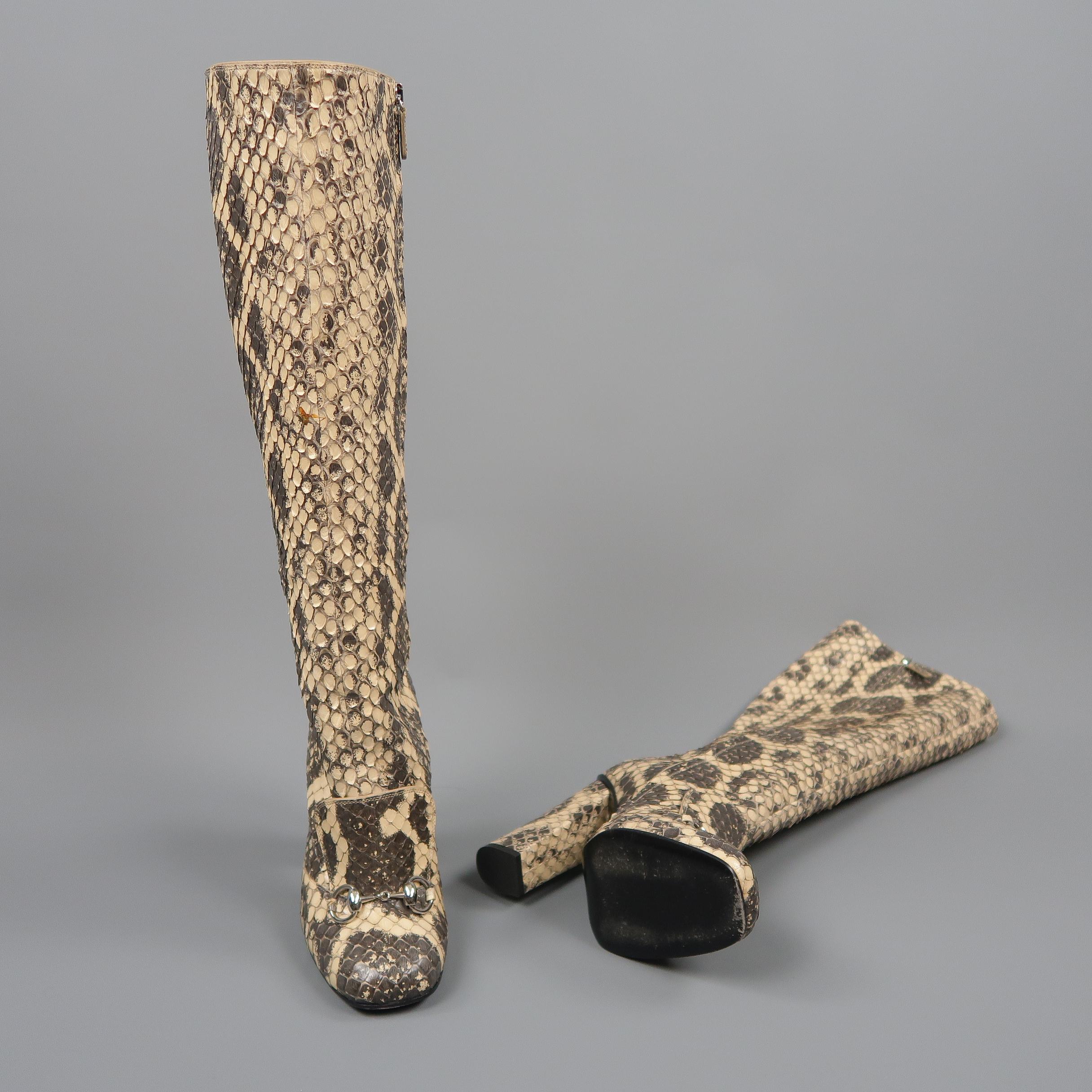 GUCCI Size 7.5 Beige Phython Snakeskin Leather Horsebit Knee High Boots 2