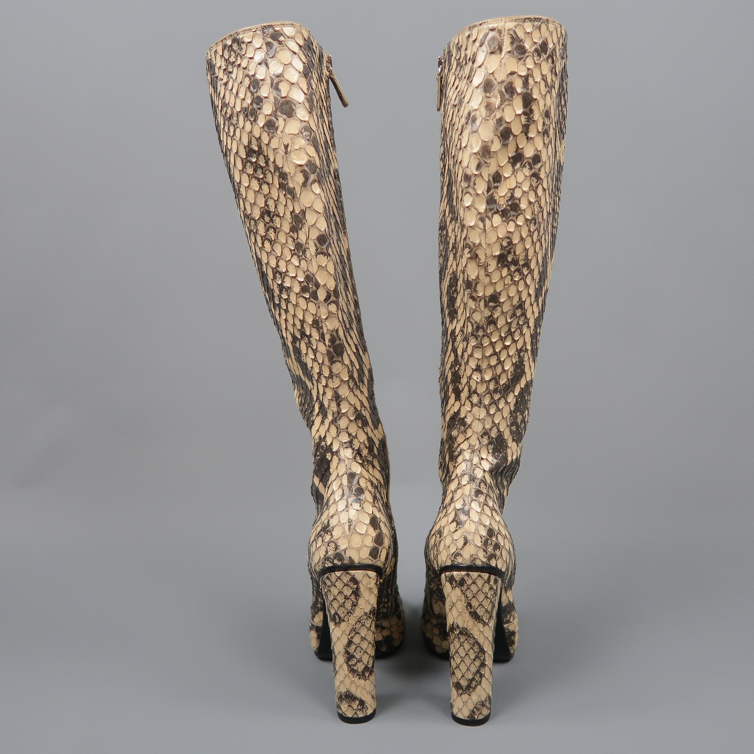 GUCCI Size 7.5 Beige Phython Snakeskin Leather Horsebit Knee High Boots 4