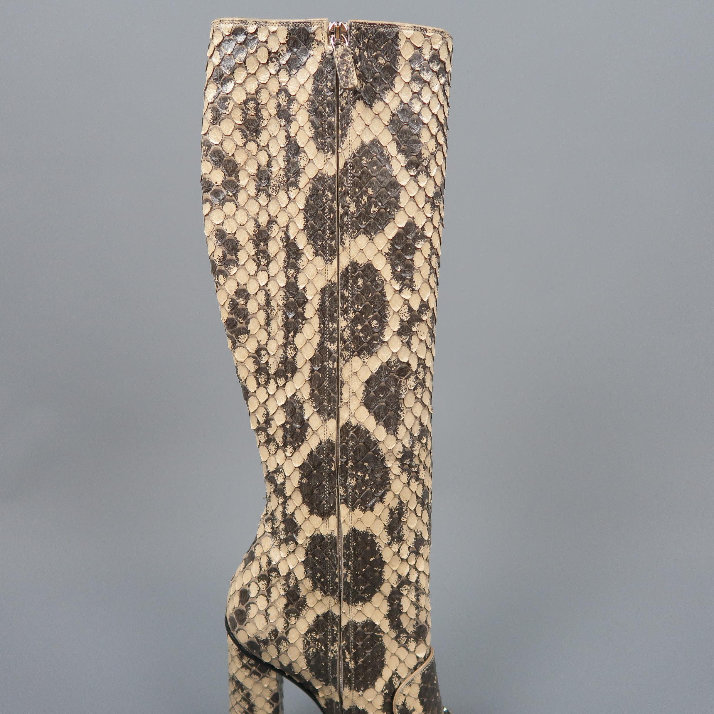 GUCCI Size 7.5 Beige Phython Snakeskin Leather Horsebit Knee High Boots 7