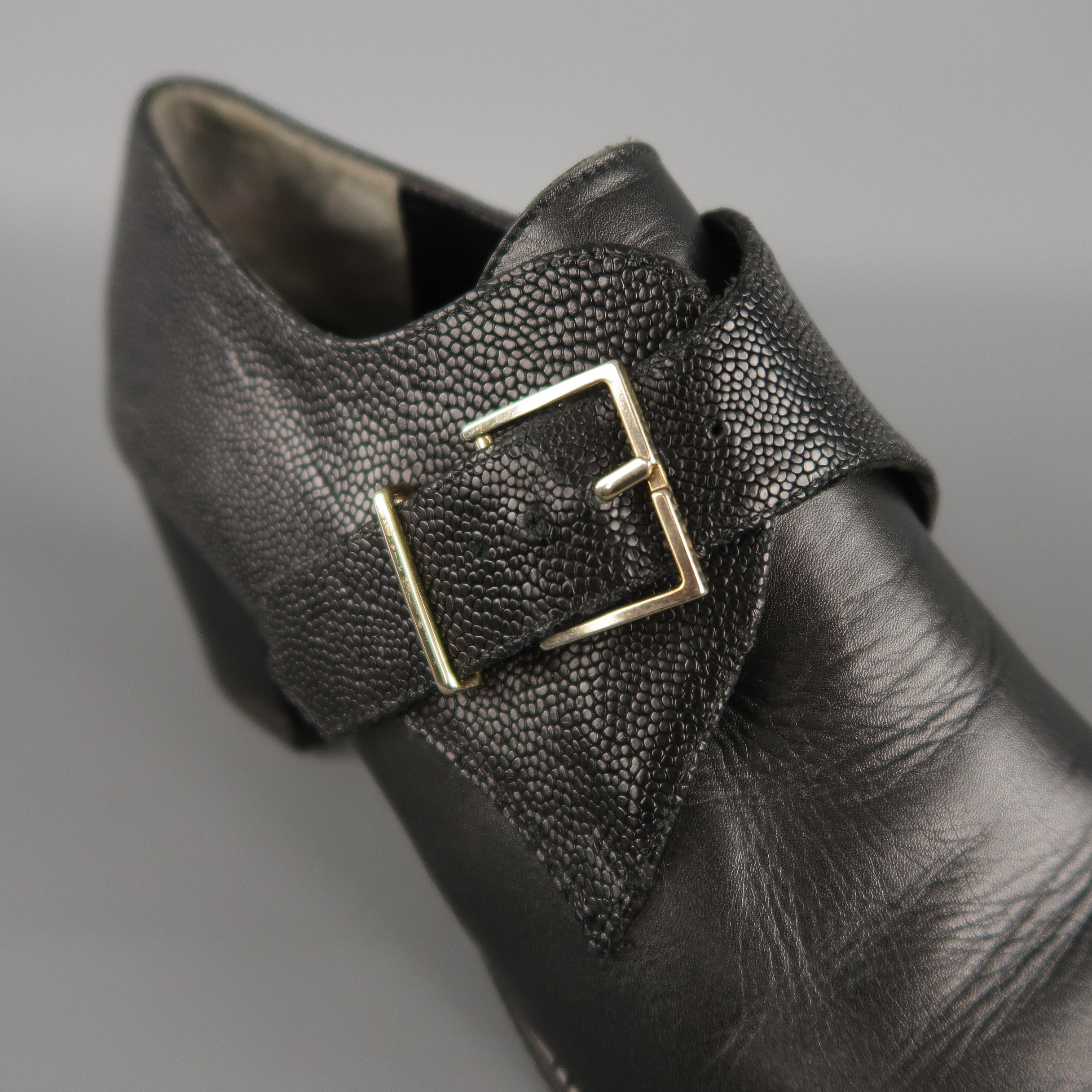 Women's ROBERT CLERGERIE Size 8.5 Black Leather Lizard Panel Monk Strap Shoes