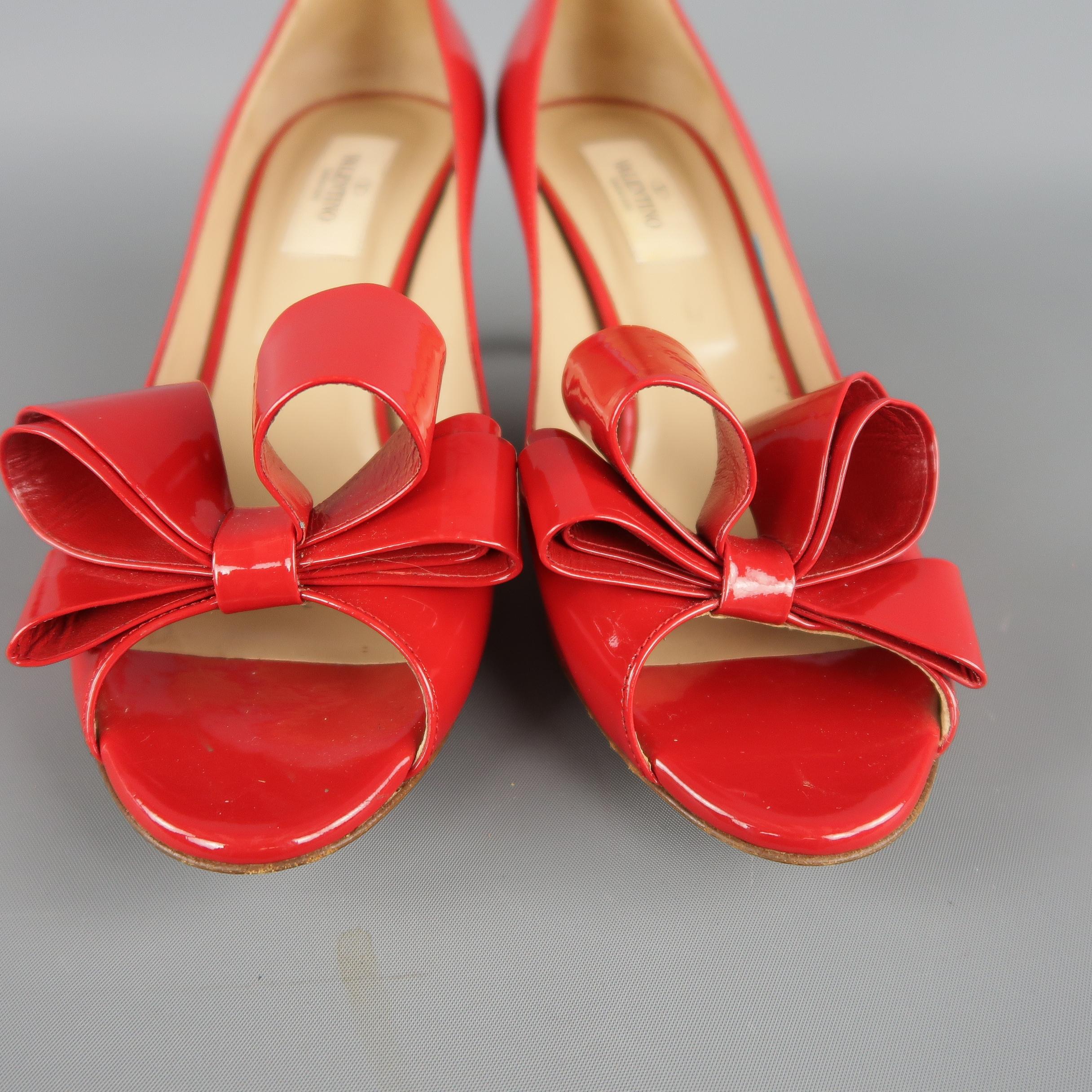Women's VALENTINO Size 8.5 Red Patent Leather Bow Peep Toe Pumps