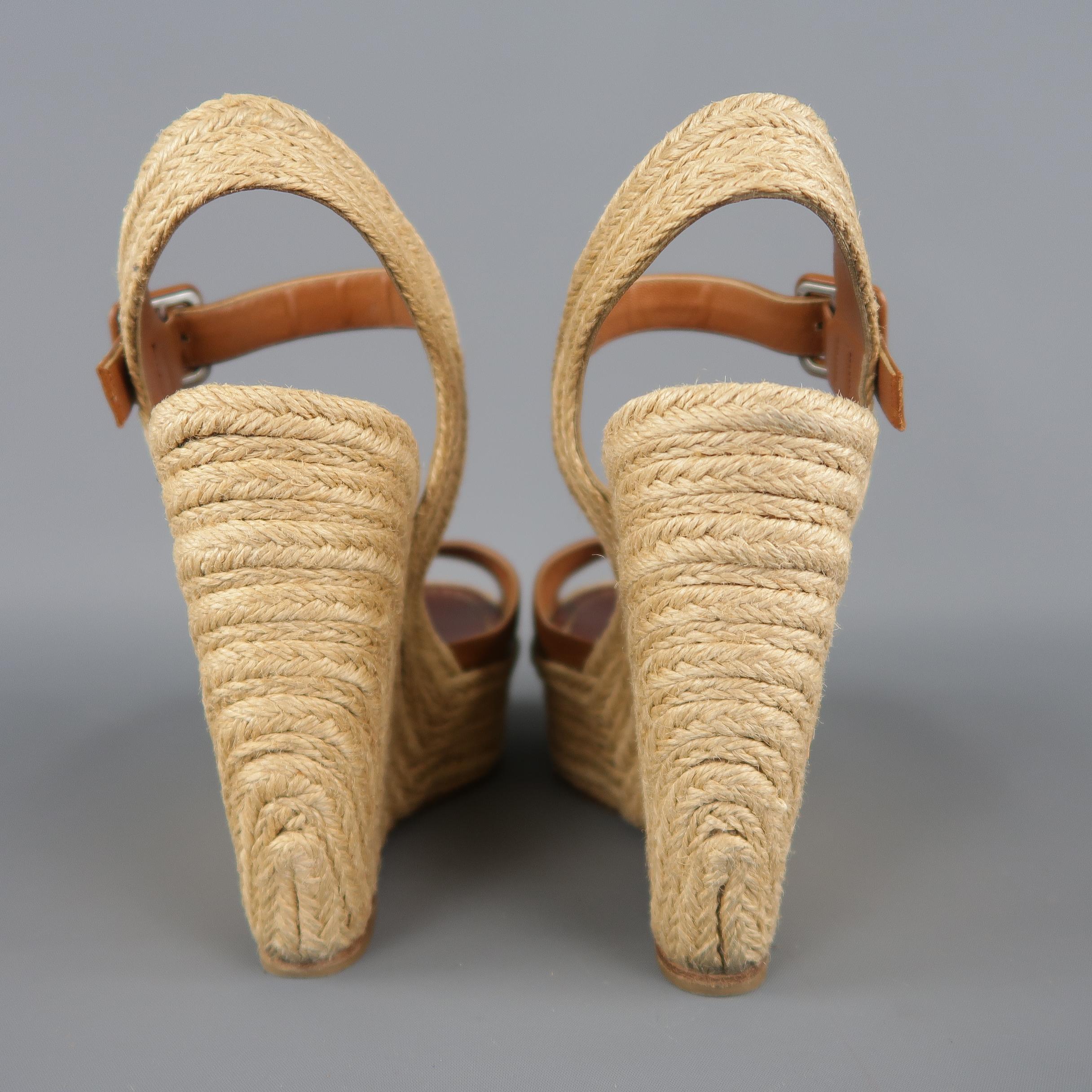 Brown VALENTINO Size 8.5 Tan Leather Braided Espadrille Patform Wedge Sandals