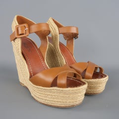 VALENTINO Size 8.5 Tan Leather Braided Espadrille Patform Wedge Sandals