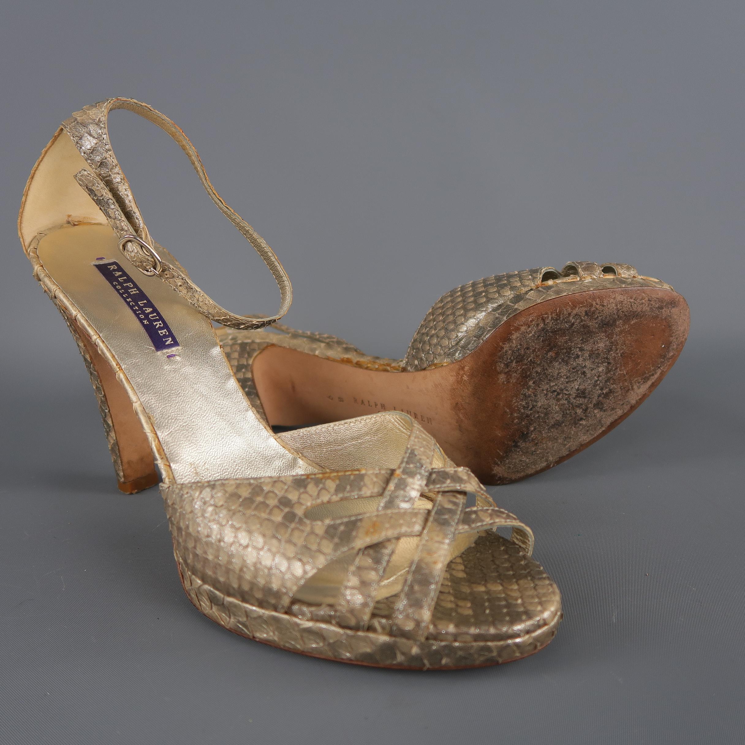 Brown RALPH LAUREN COLLECTION Size 9 Gold Glitter Phyton Skin Platform Sandals