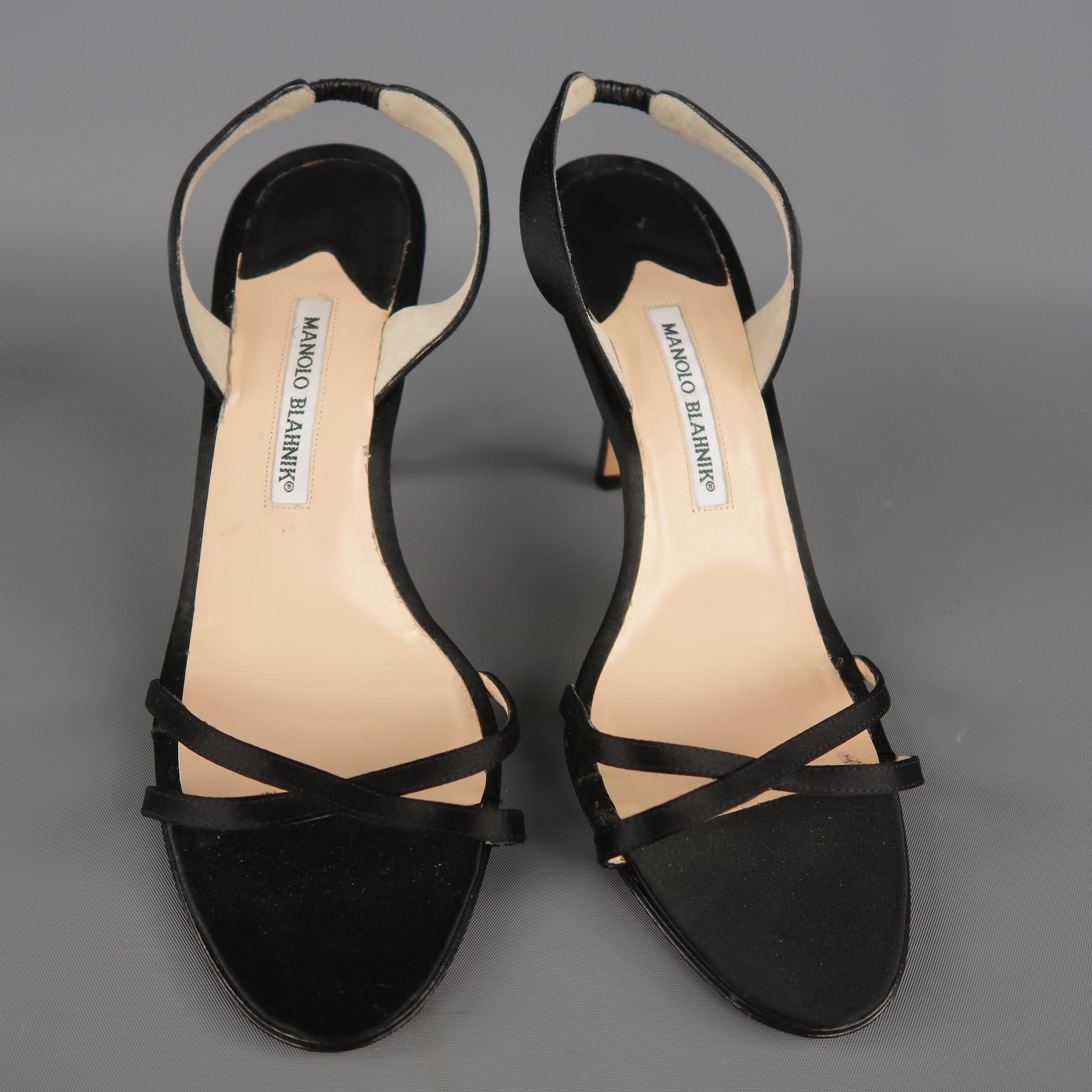 Women's MANOLO BLAHNIK Size 12 Black Silk Satin X Strap Slingback Sandals