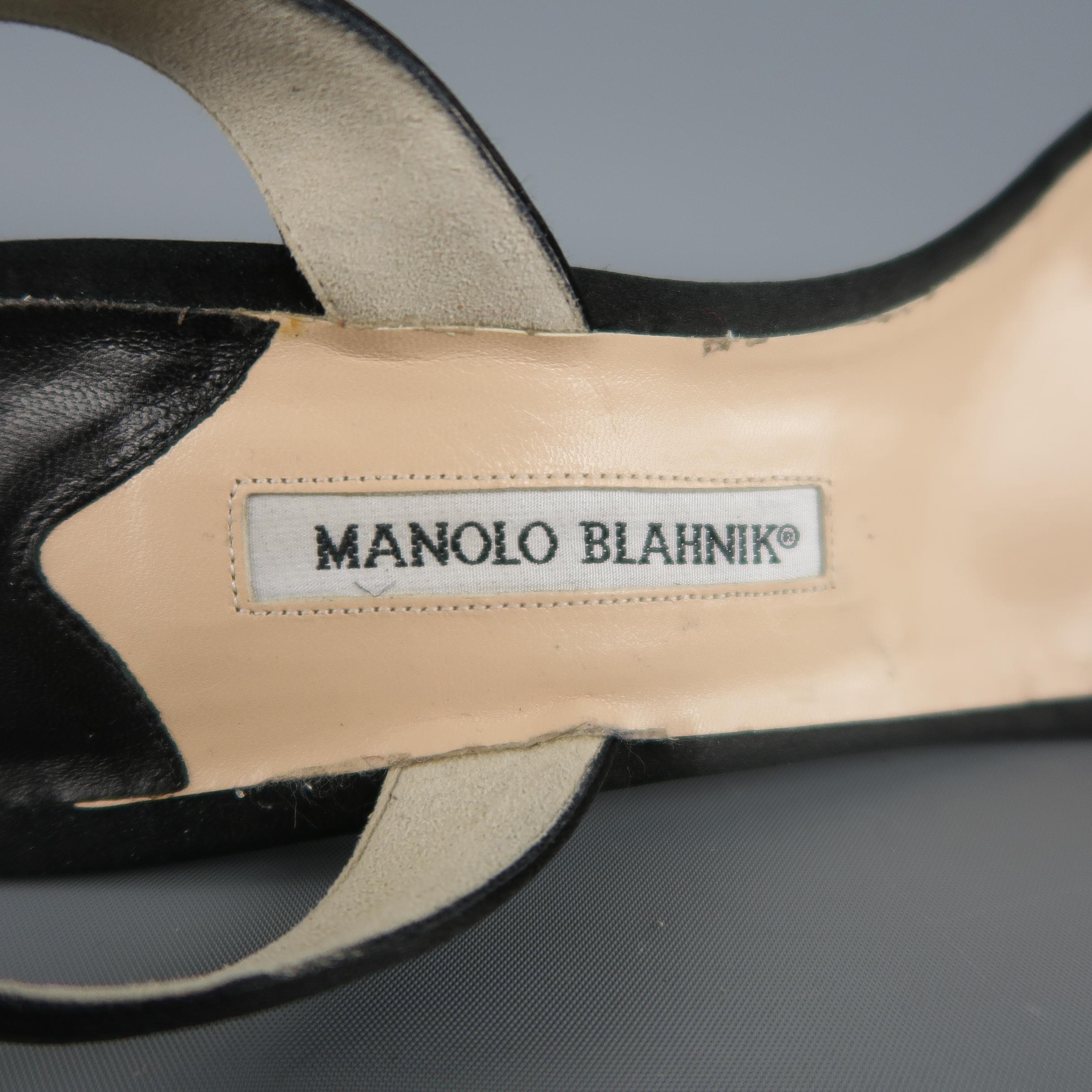 MANOLO BLAHNIK Size 12 Black Silk Satin X Strap Slingback Sandals 1