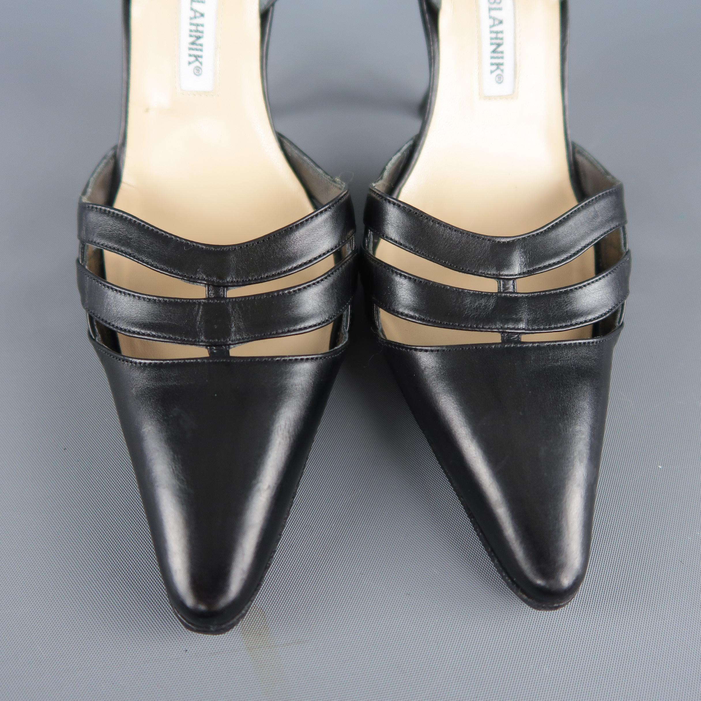 Women's MANOLO BLAHNIK Size 6.5 Black Leather Pointed Cutout Toe Slingback Pumps