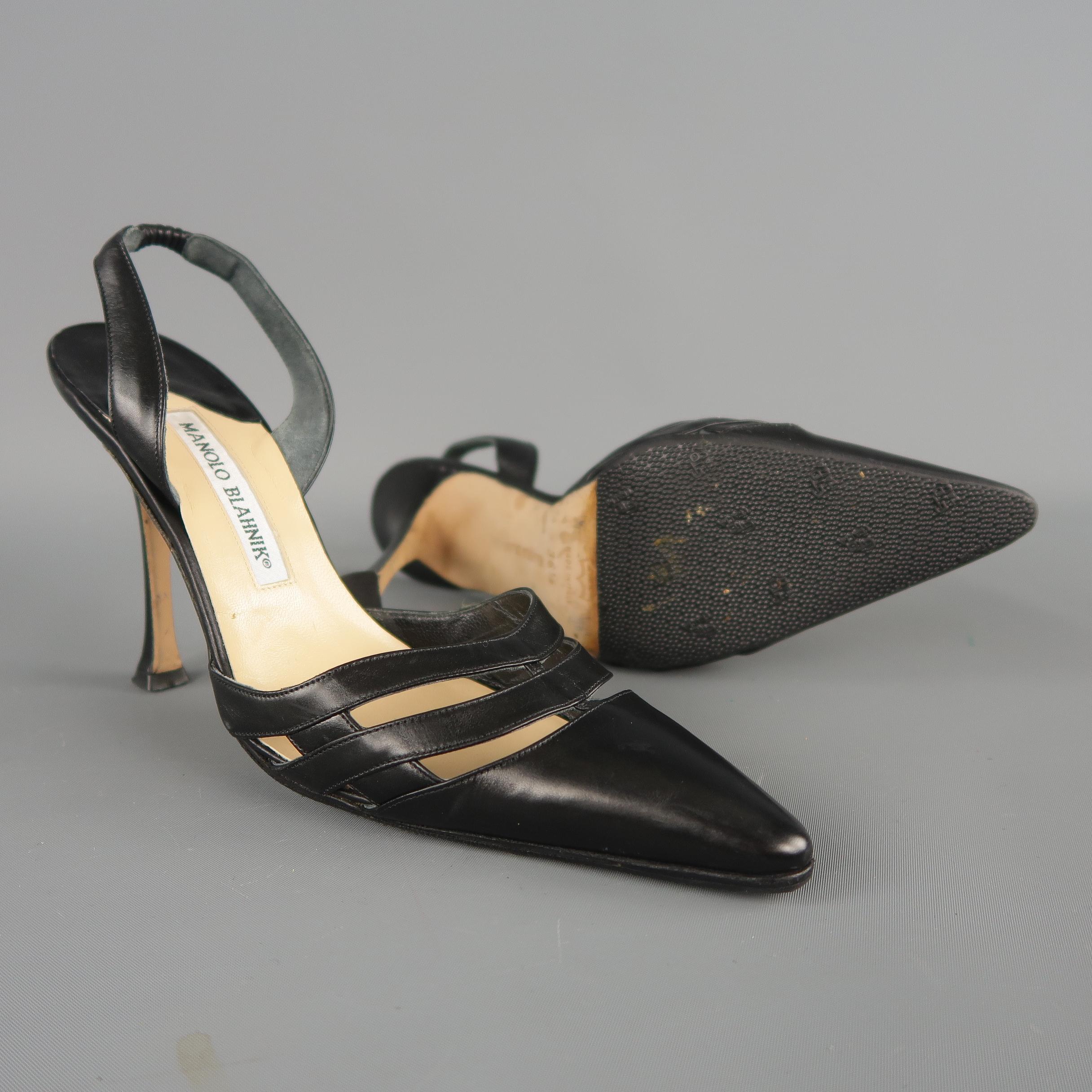 MANOLO BLAHNIK Size 6.5 Black Leather Pointed Cutout Toe Slingback Pumps In Excellent Condition In San Francisco, CA