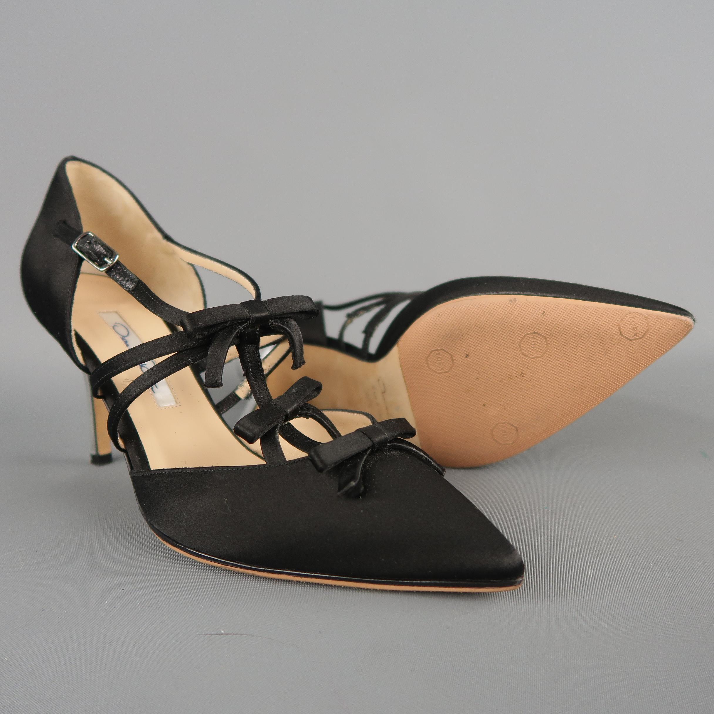 Women's OSCAR DE LA RENTA Size 6.5 Black Silk Bow T Strap Silver Heel Pumps