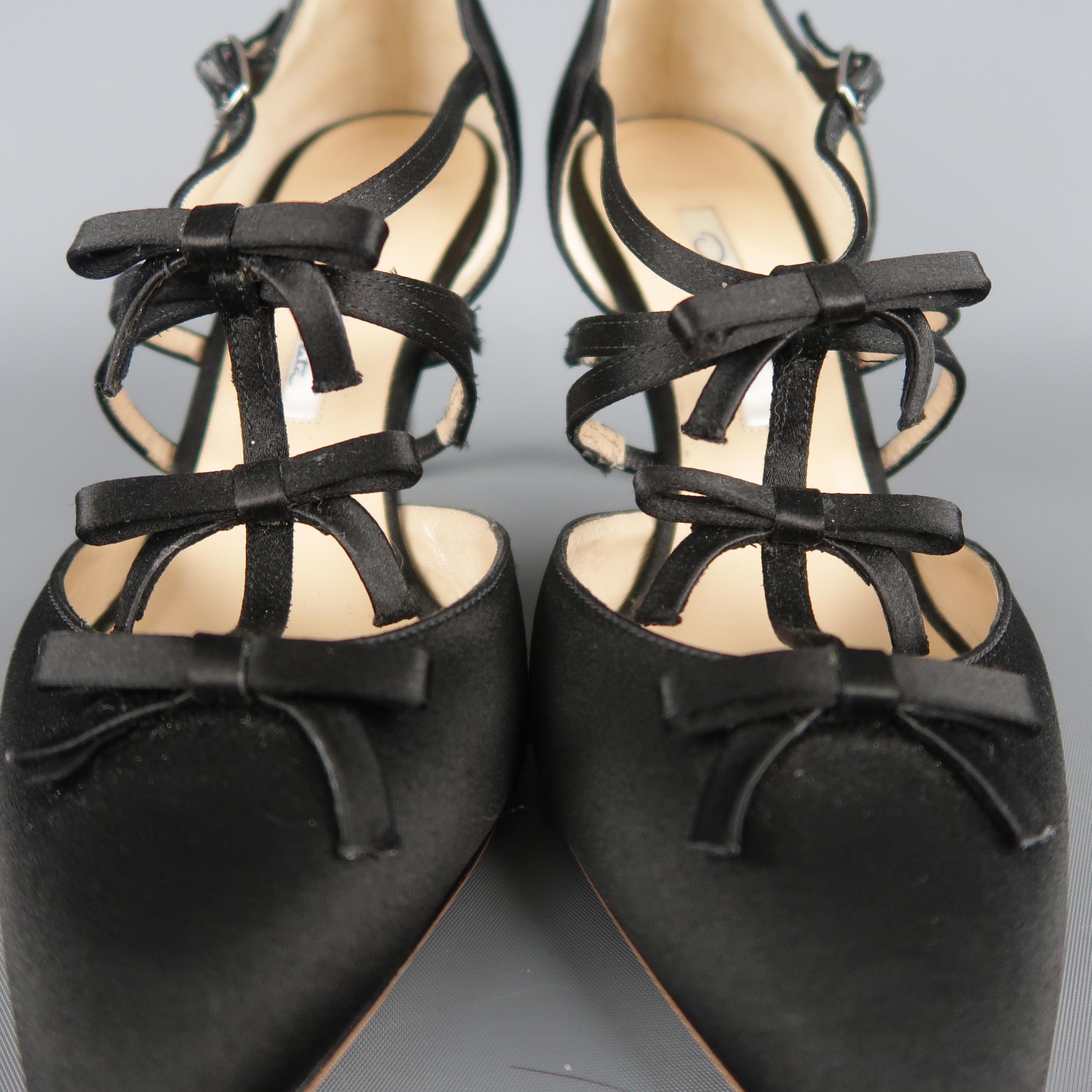 OSCAR DE LA RENTA Size 6.5 Black Silk Bow T Strap Silver Heel Pumps 2
