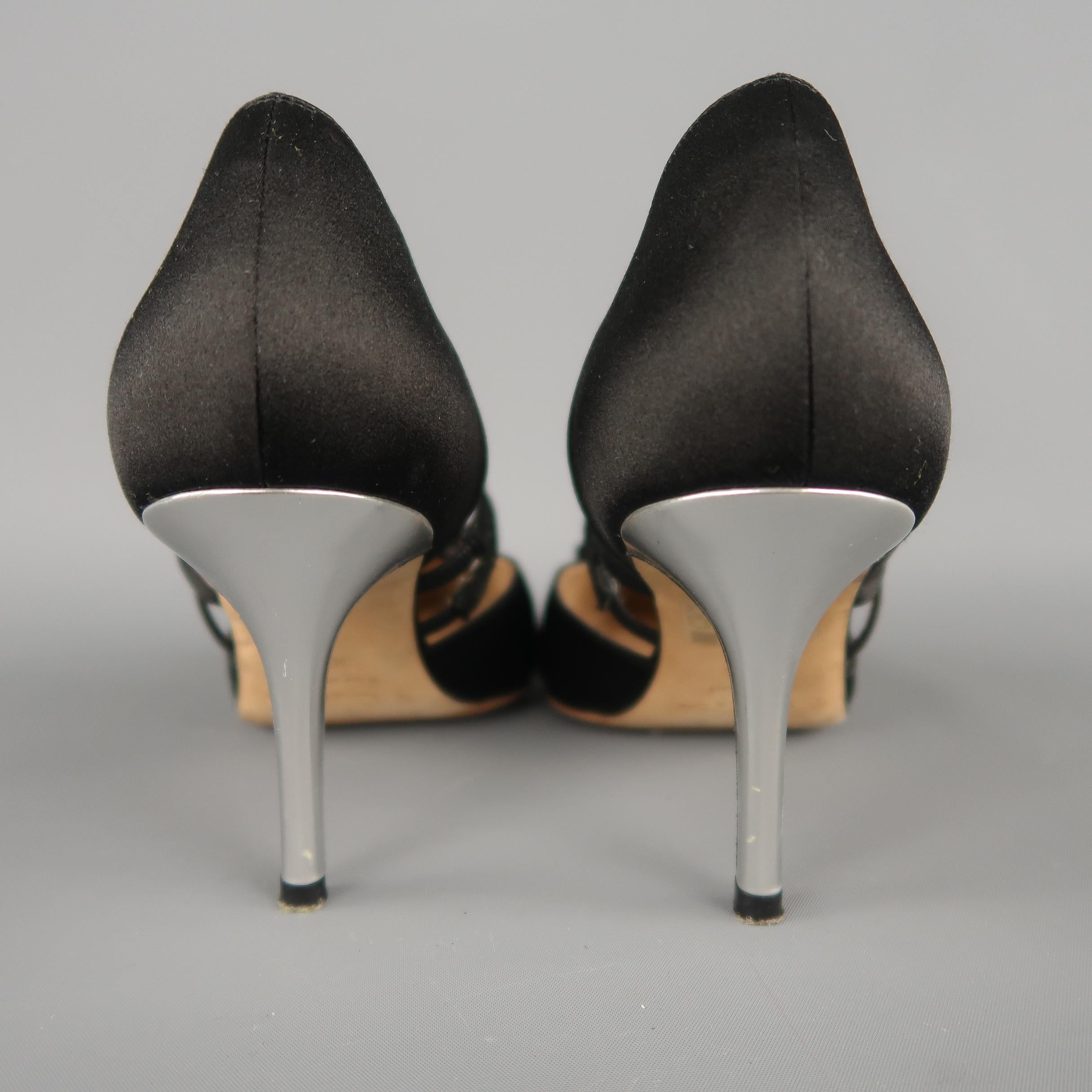 OSCAR DE LA RENTA Size 6.5 Black Silk Bow T Strap Silver Heel Pumps 4