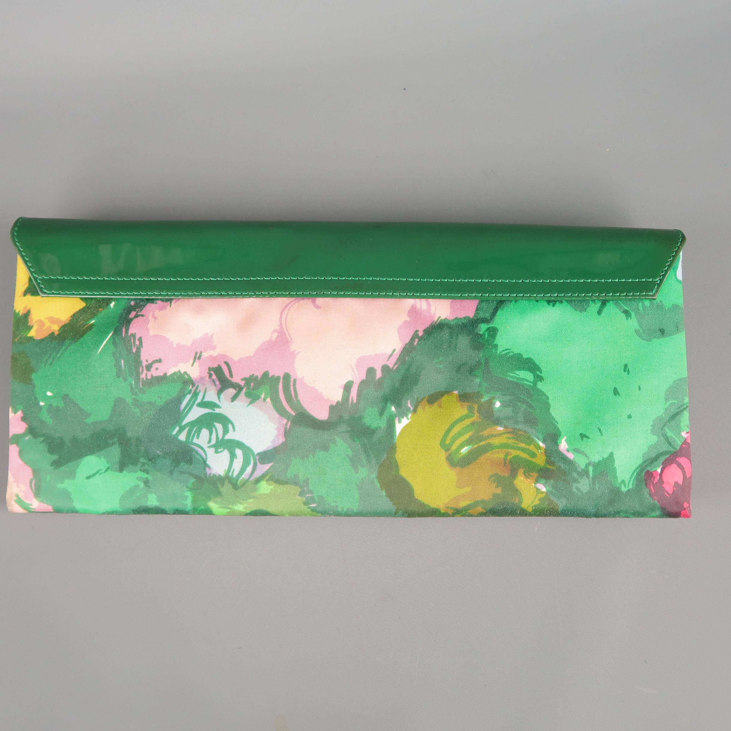 BALENCIAGA Green & Pink Floral Silk & Patent Leather Clutch Handbag 1