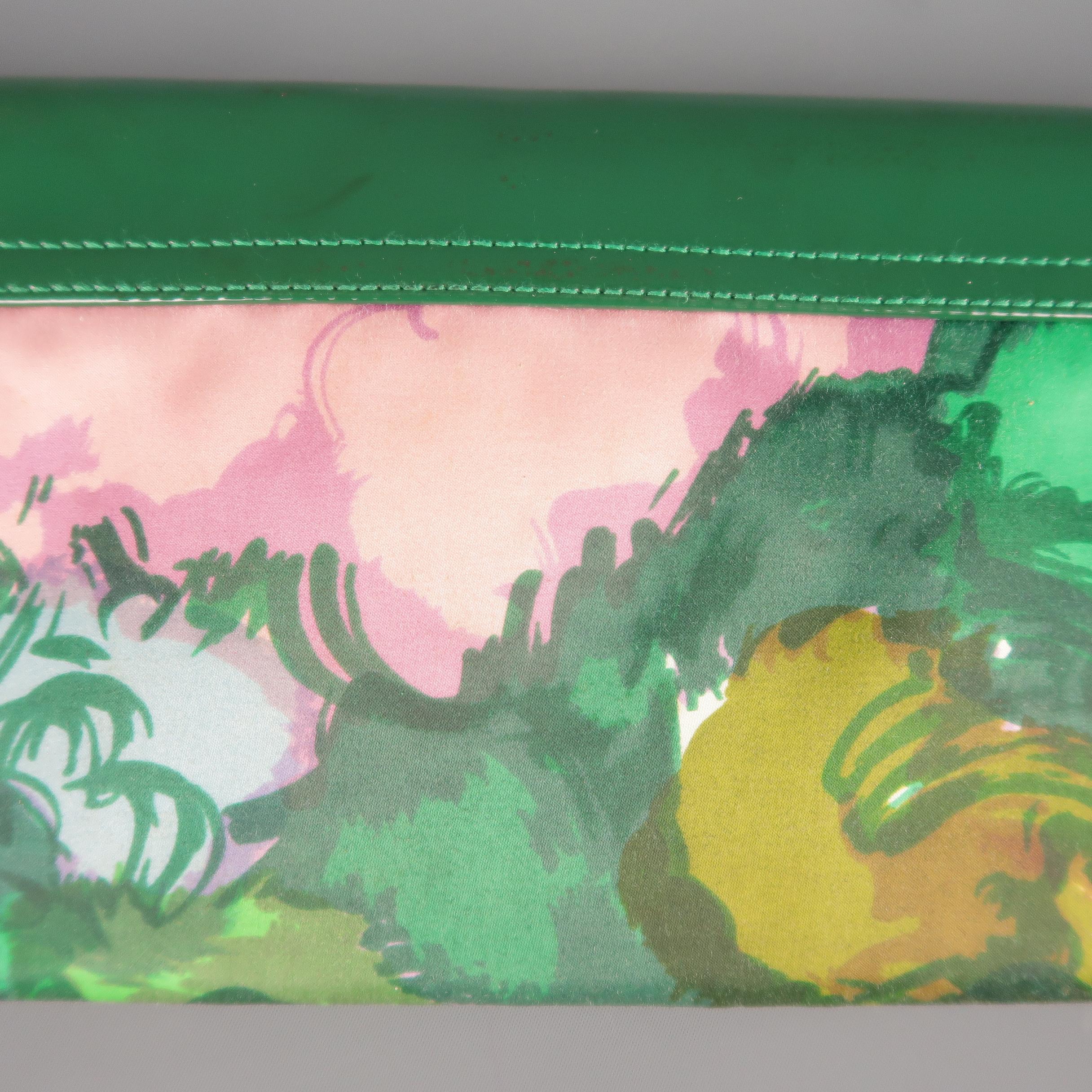 BALENCIAGA Green & Pink Floral Silk & Patent Leather Clutch Handbag 2