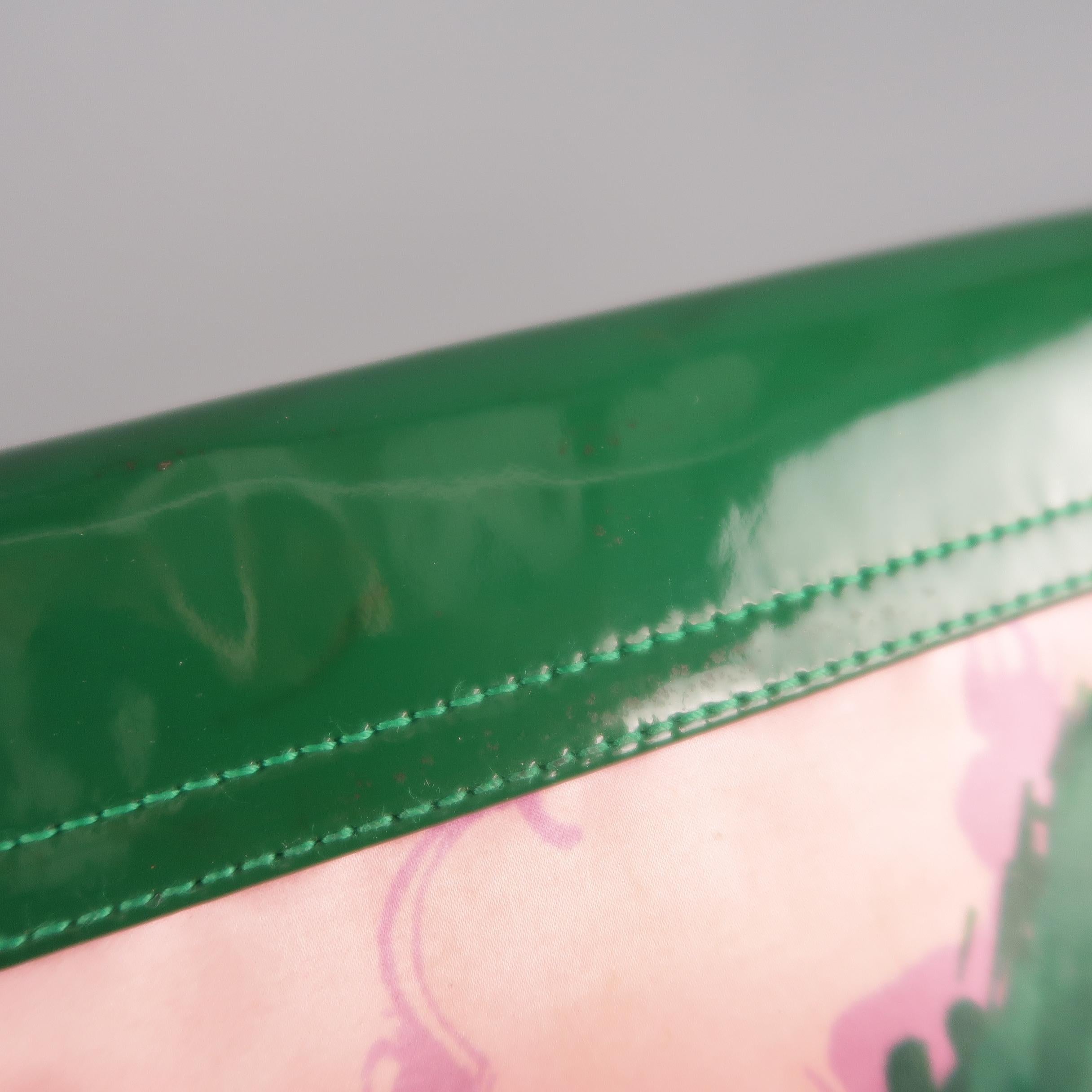 BALENCIAGA Green & Pink Floral Silk & Patent Leather Clutch Handbag 3