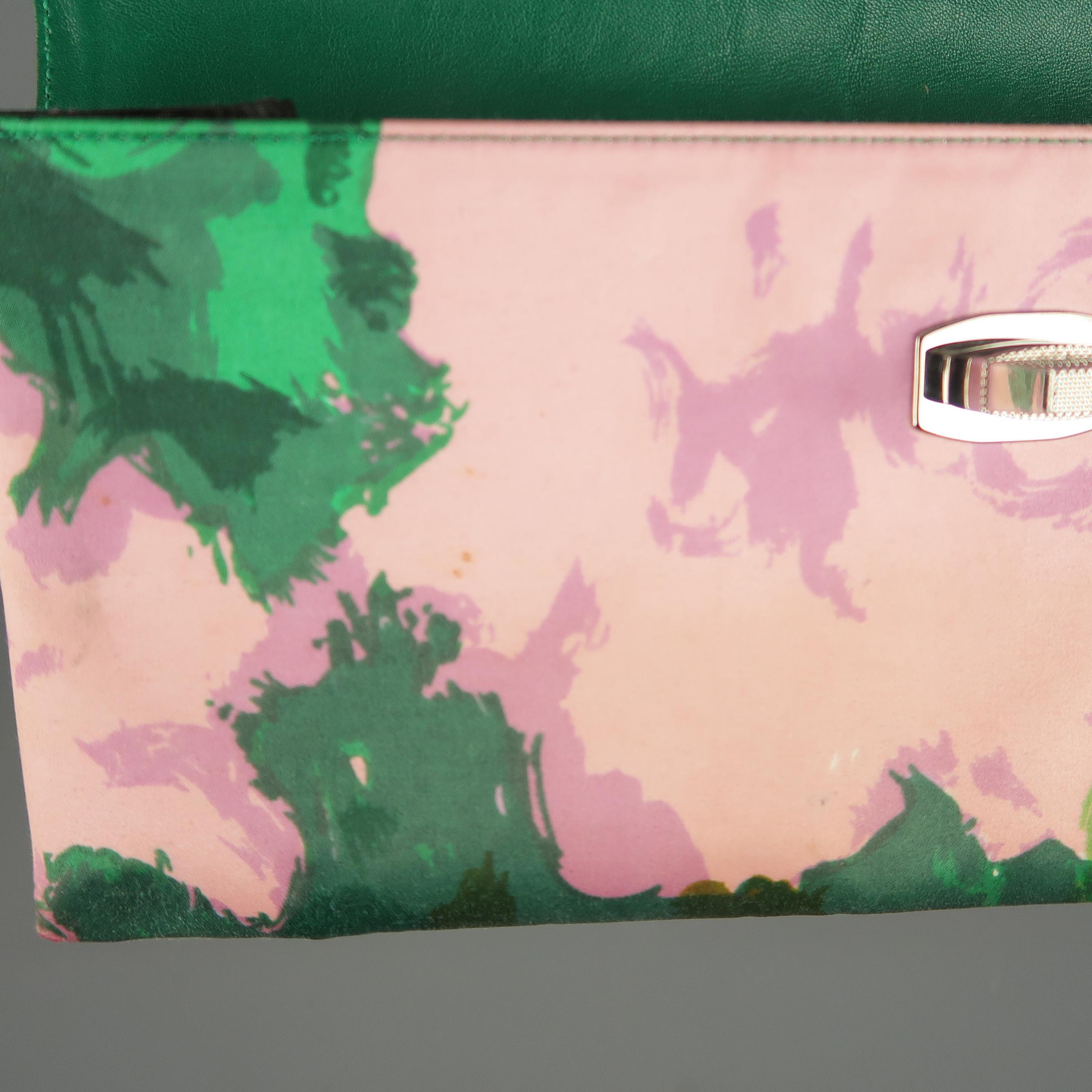 BALENCIAGA Green & Pink Floral Silk & Patent Leather Clutch Handbag 4