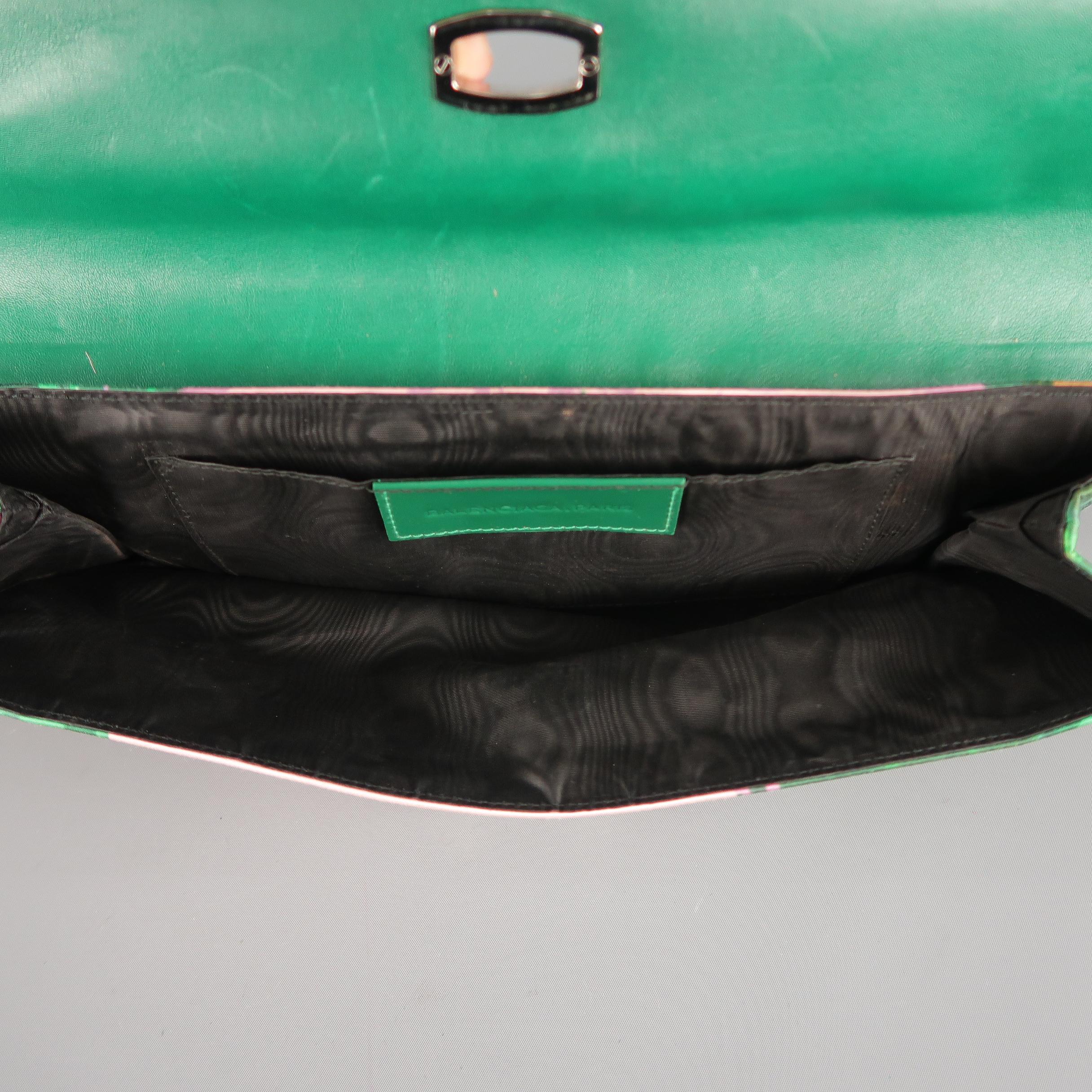 BALENCIAGA Green & Pink Floral Silk & Patent Leather Clutch Handbag 5