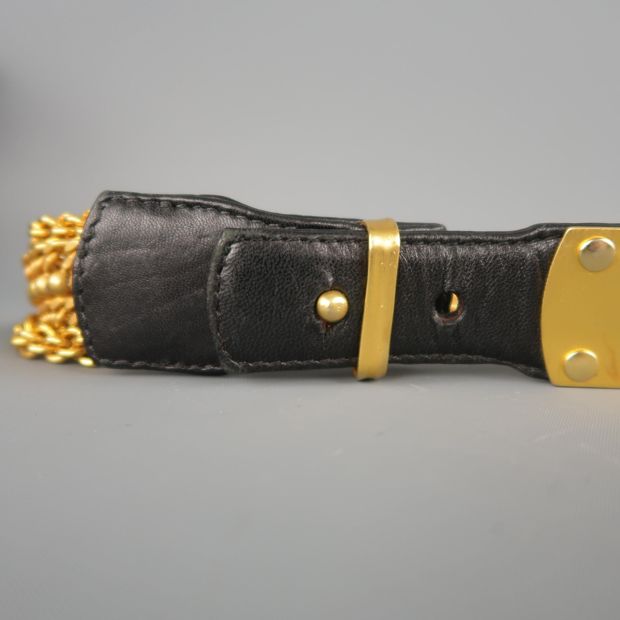Vintage DONNA KARAN Black & Gold M Leather Chain Belt In Good Condition In San Francisco, CA
