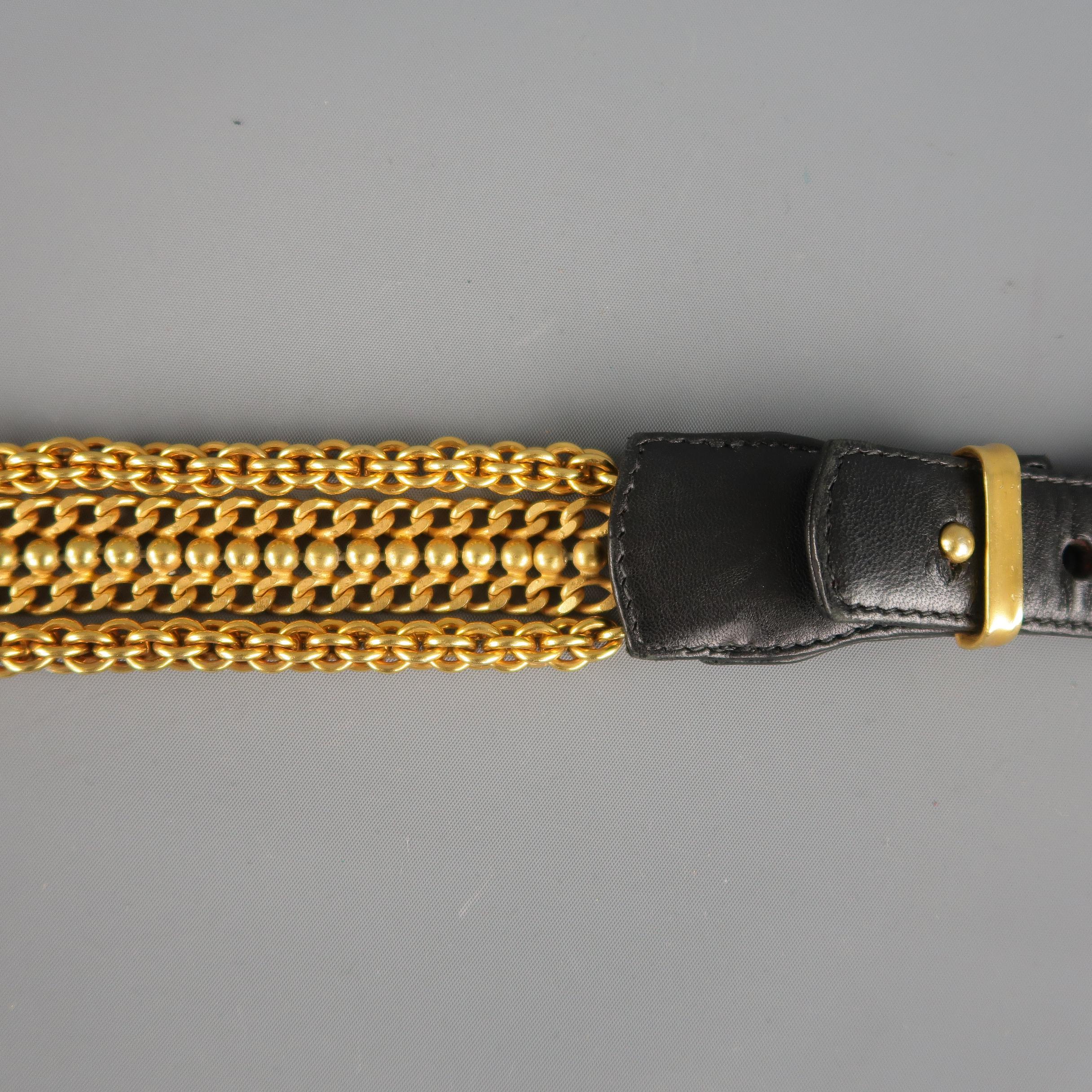 Vintage DONNA KARAN Black & Gold M Leather Chain Belt 1