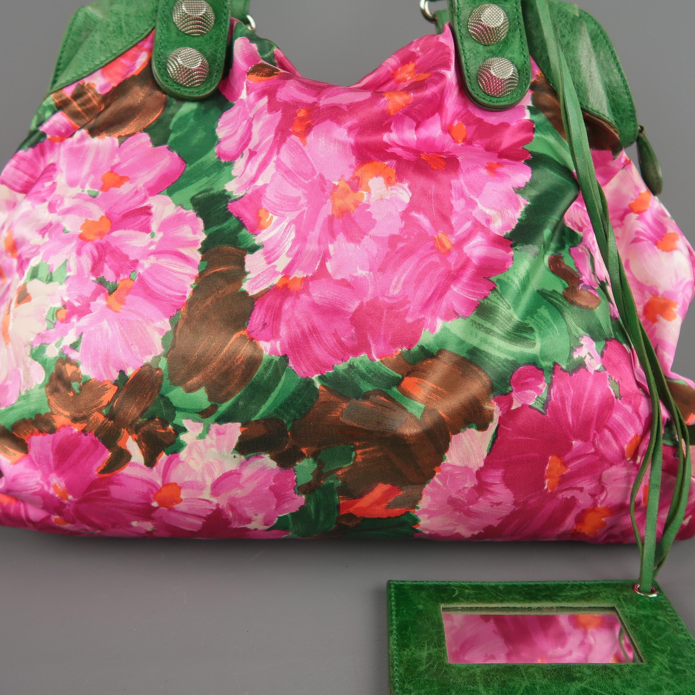 Brown BALENCIAGA Pink Floral Silk & Green Leather 'FLORAL CITY' Top Handle Handbag