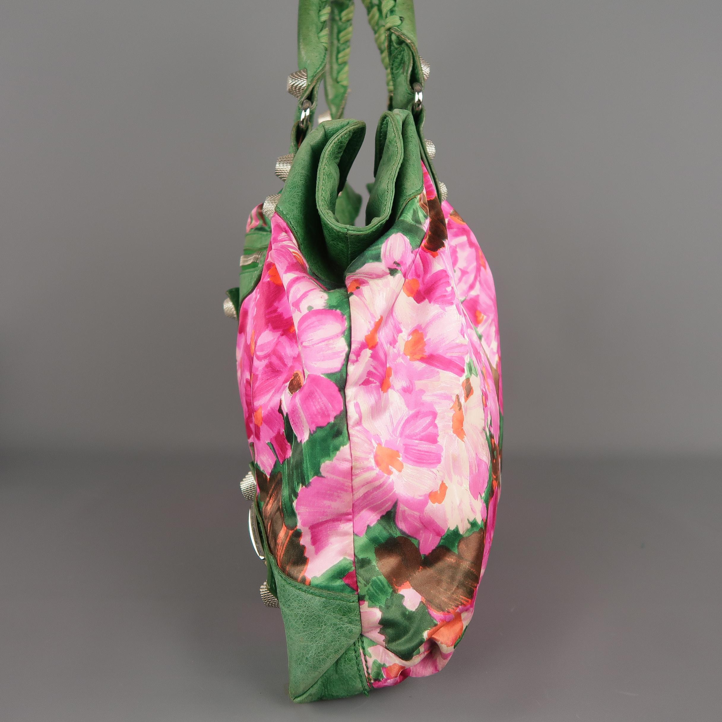 BALENCIAGA Pink Floral Silk & Green Leather 'FLORAL CITY' Top Handle Handbag 3
