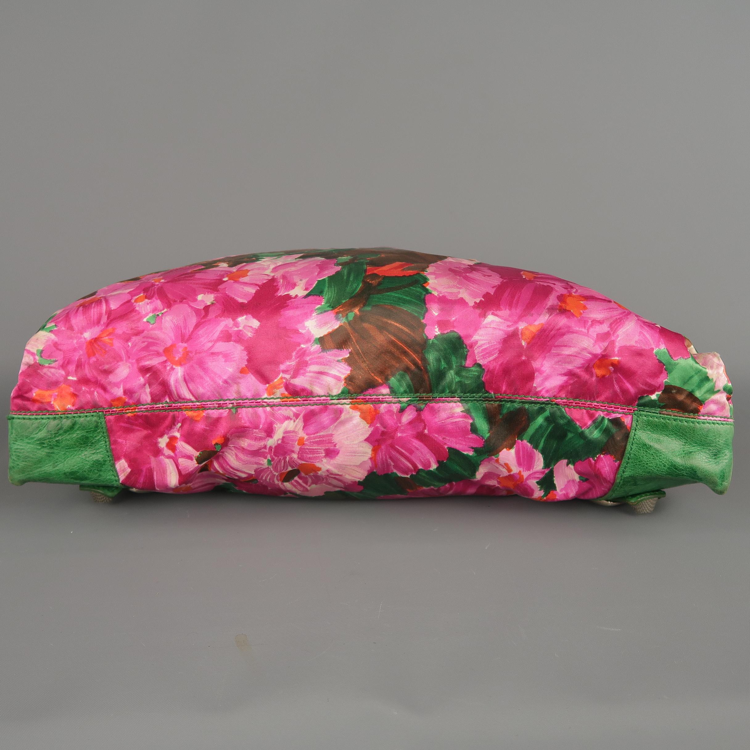 BALENCIAGA Pink Floral Silk & Green Leather 'FLORAL CITY' Top Handle Handbag 4