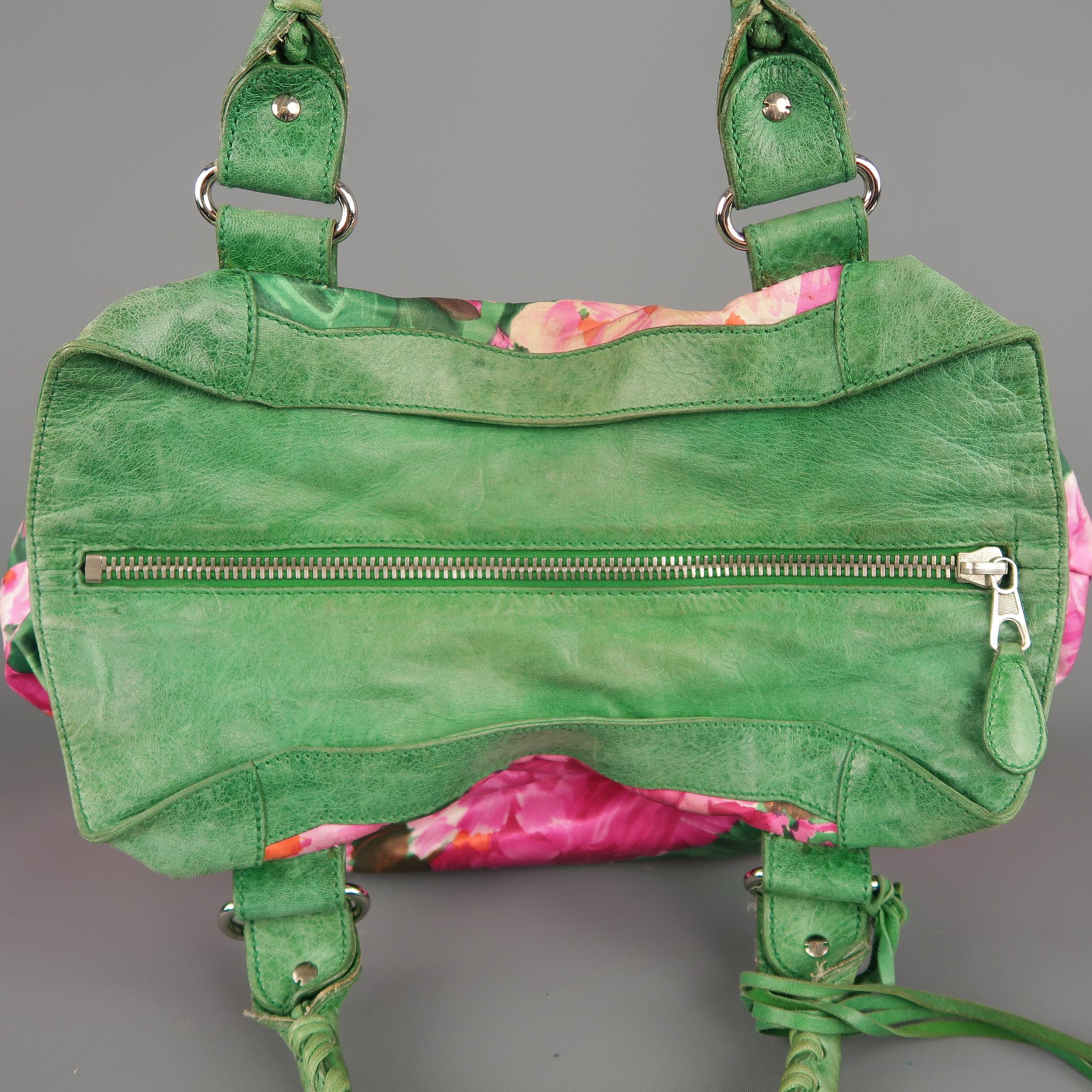 BALENCIAGA Pink Floral Silk & Green Leather 'FLORAL CITY' Top Handle Handbag 5