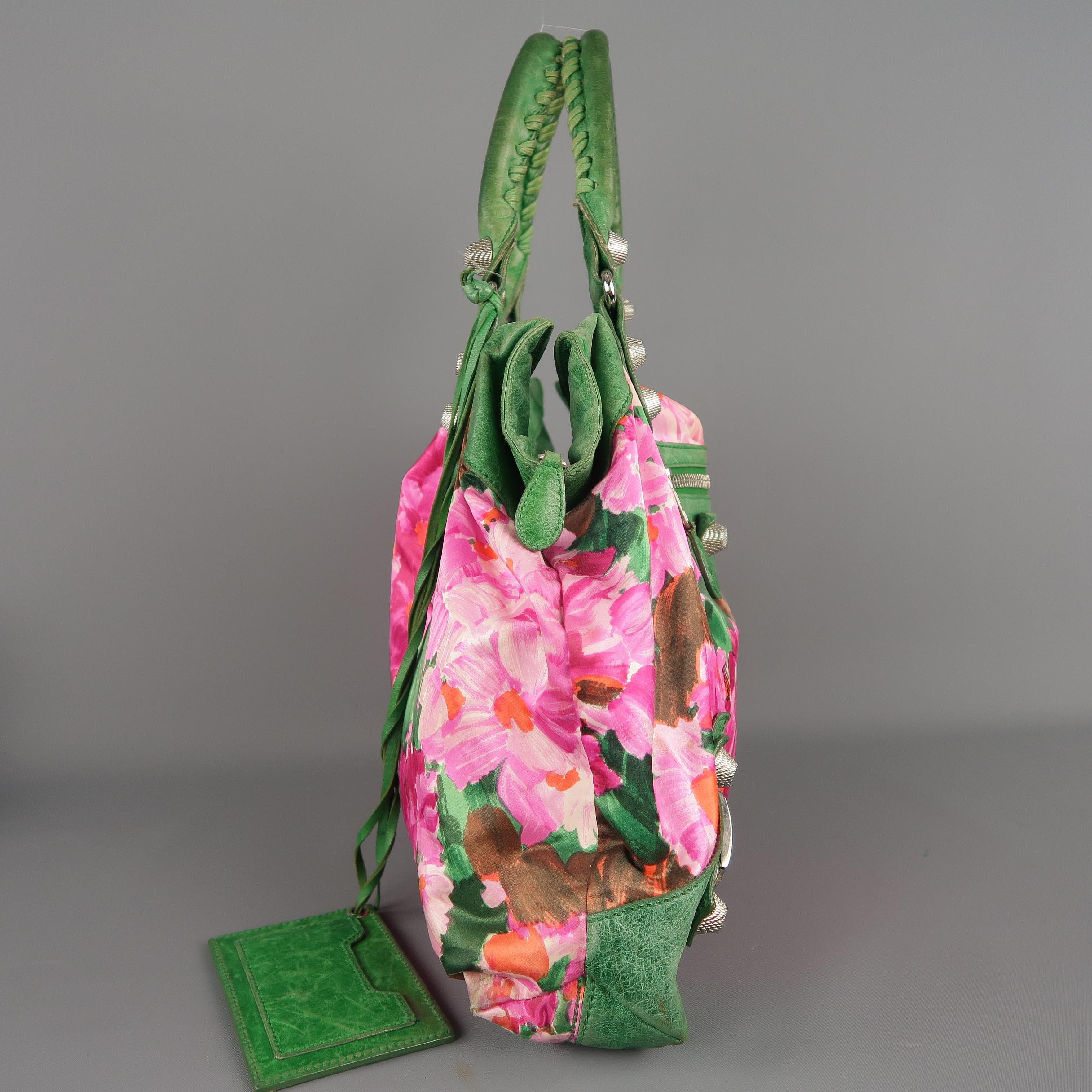 BALENCIAGA Pink Floral Silk & Green Leather 'FLORAL CITY' Top Handle Handbag 2