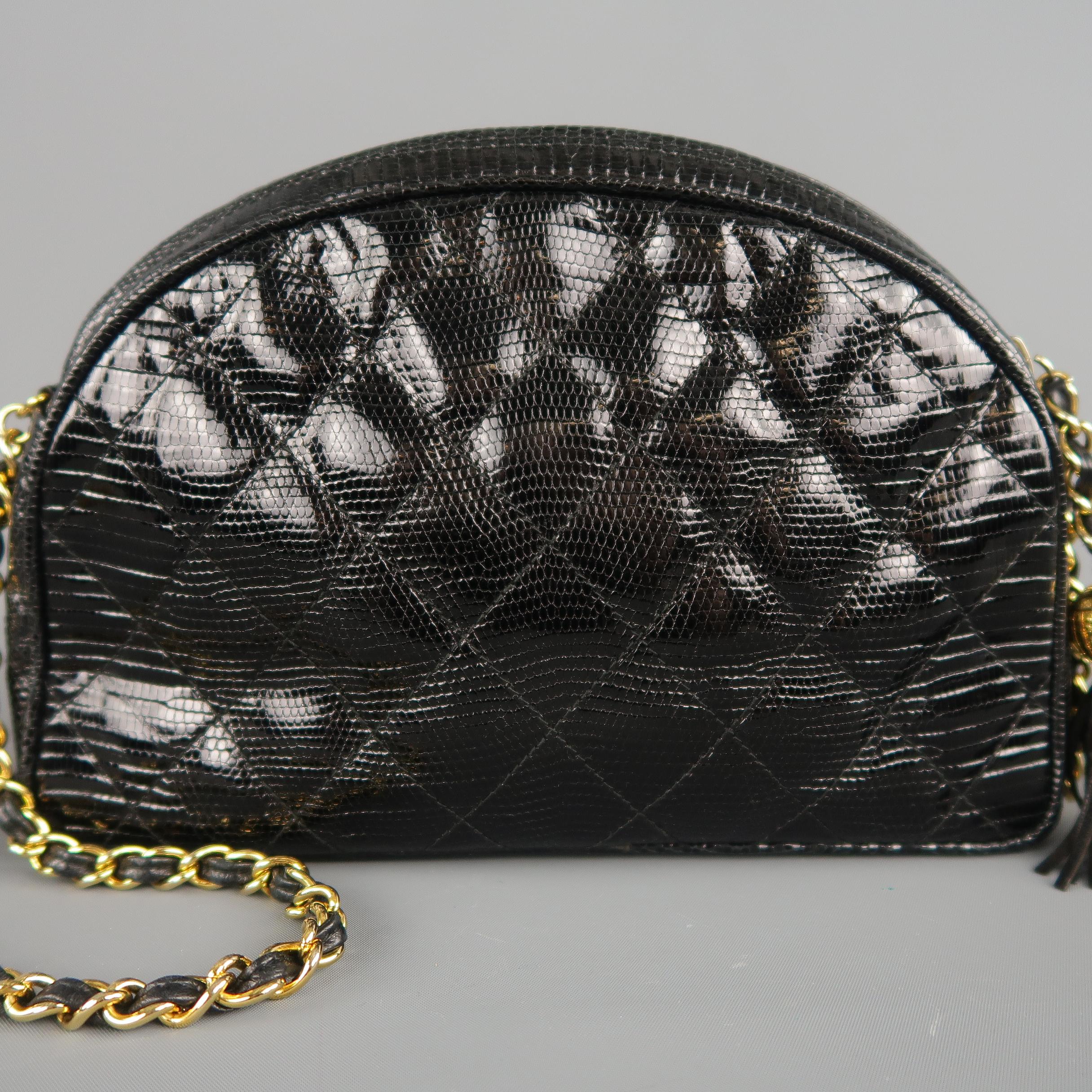 Women's Vintage CHANEL Black Quilted Lizard Leather Gold Chain Strap Shoulder Handbag