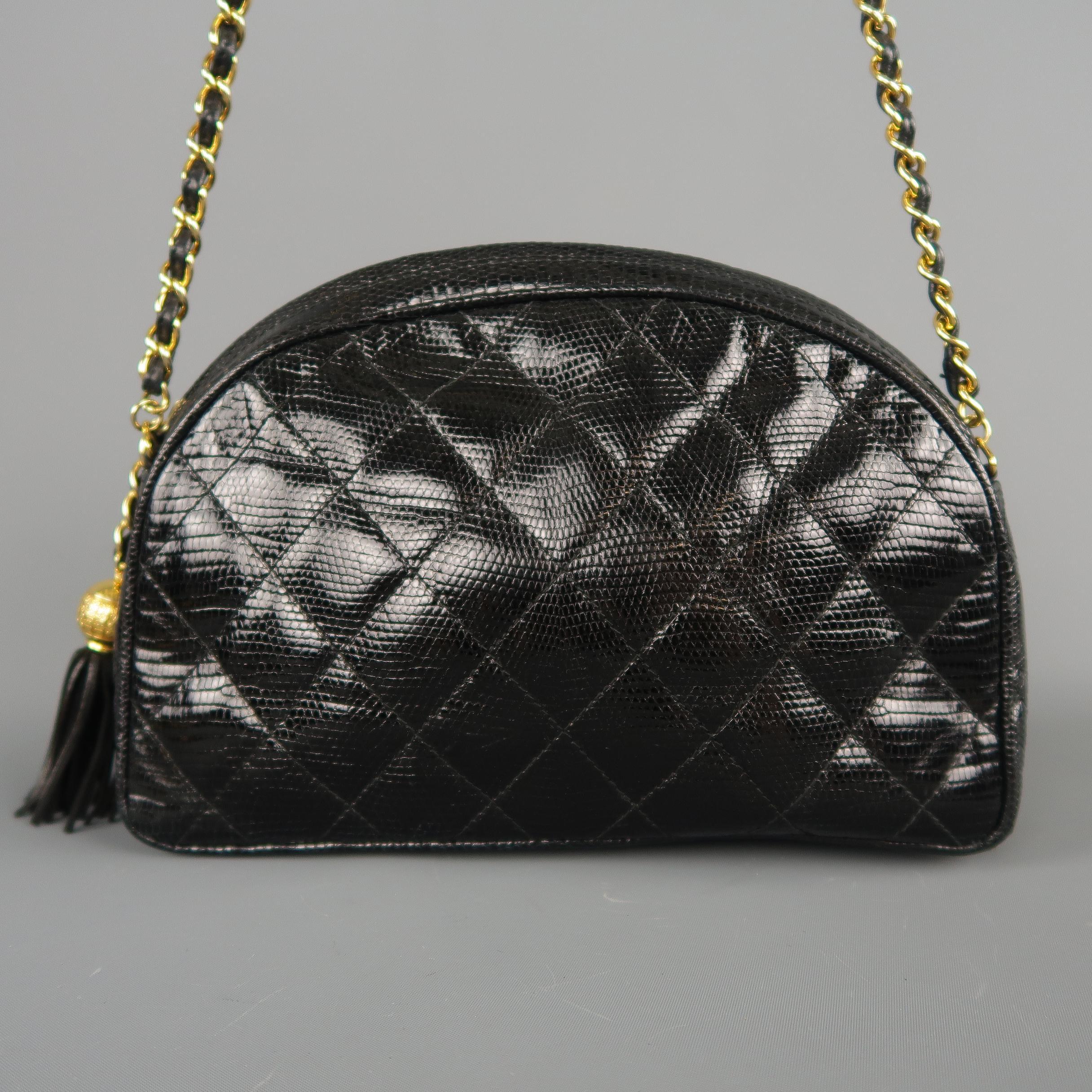Vintage CHANEL Black Quilted Lizard Leather Gold Chain Strap Shoulder Handbag 3