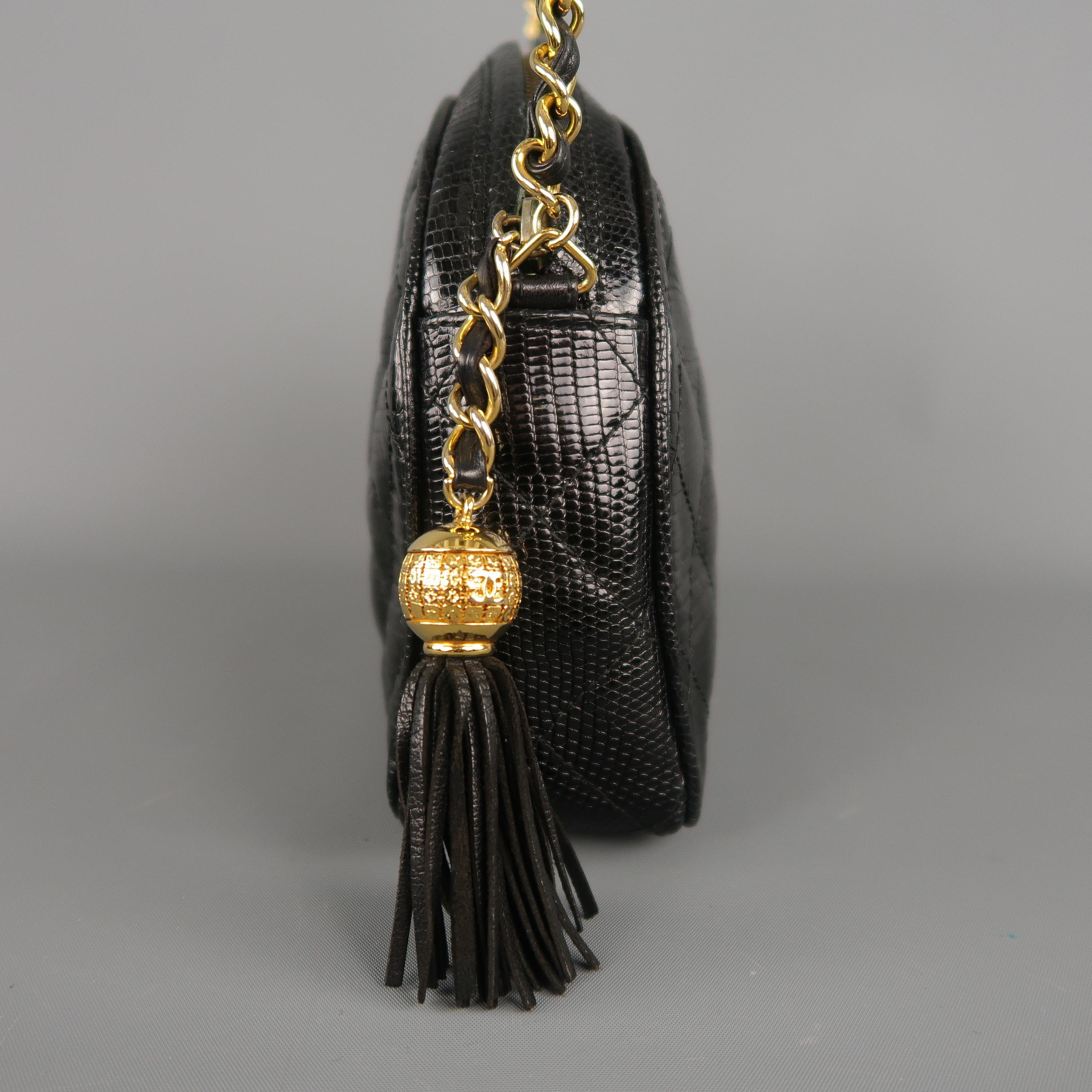 Vintage CHANEL Black Quilted Lizard Leather Gold Chain Strap Shoulder Handbag 5