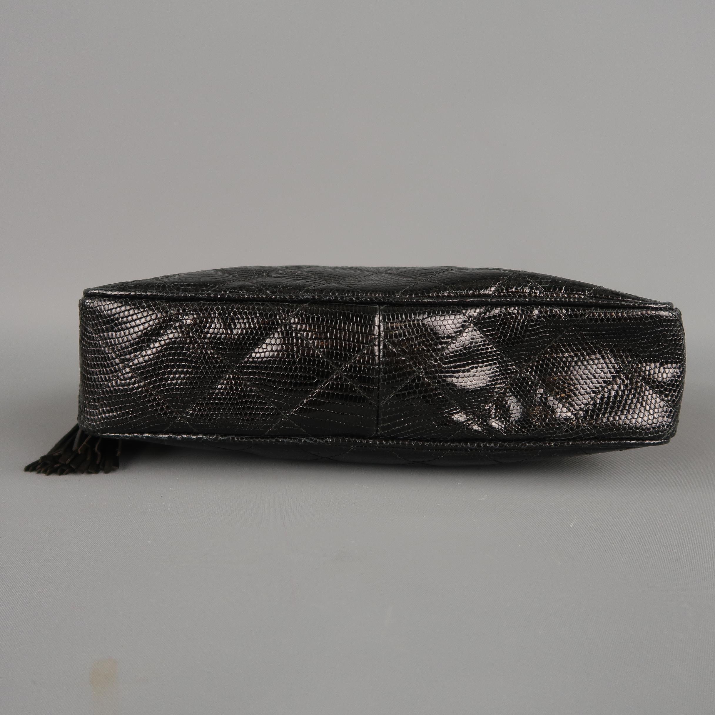 Vintage CHANEL Black Quilted Lizard Leather Gold Chain Strap Shoulder Handbag 6