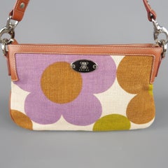 Vintage CELINE Tan Purple & Green Floral Print Canvas & Leather Shoulder Bag