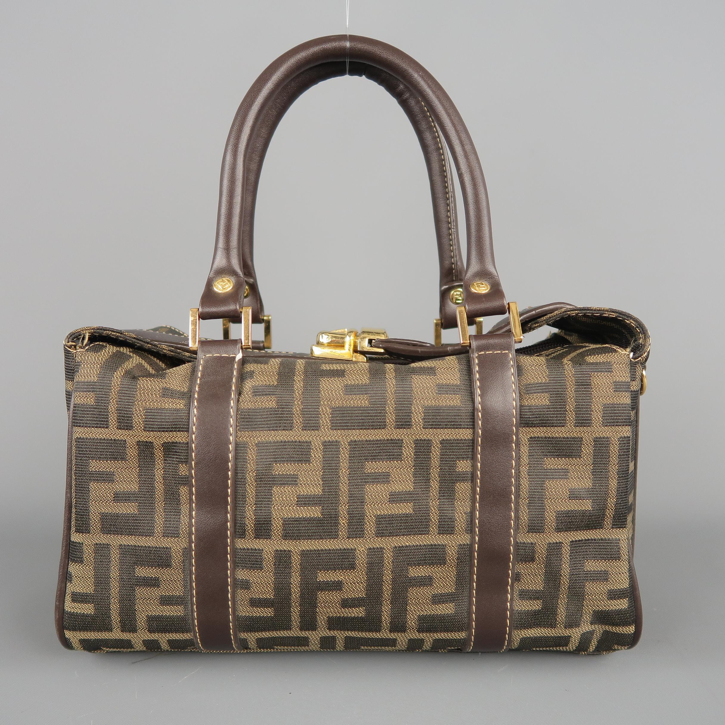 Gray FENDI Zucca Monogram Canvas & Brown Leather 2-Way Mini Boston Bag