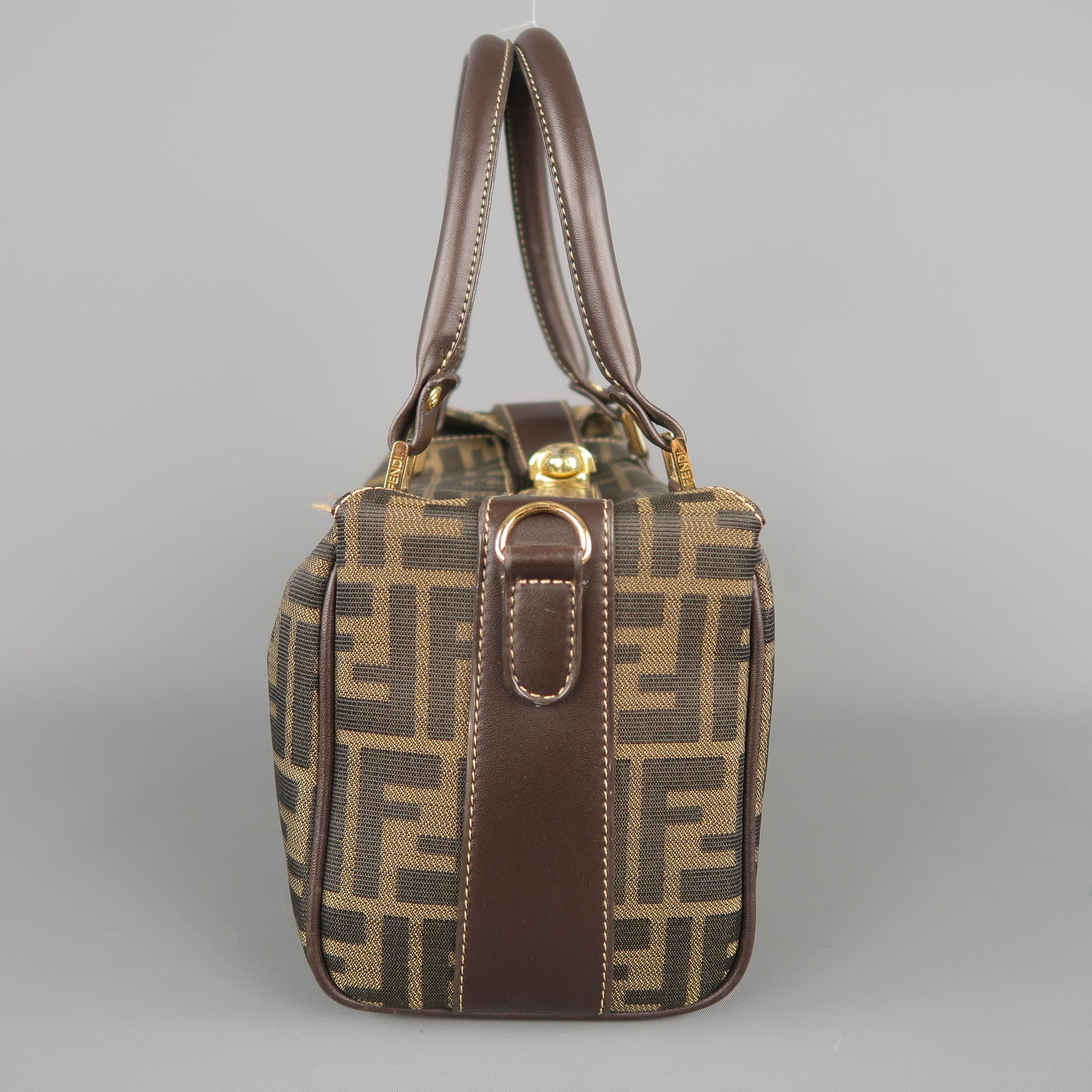 FENDI Zucca Monogram Canvas & Brown Leather 2-Way Mini Boston Bag In Excellent Condition In San Francisco, CA