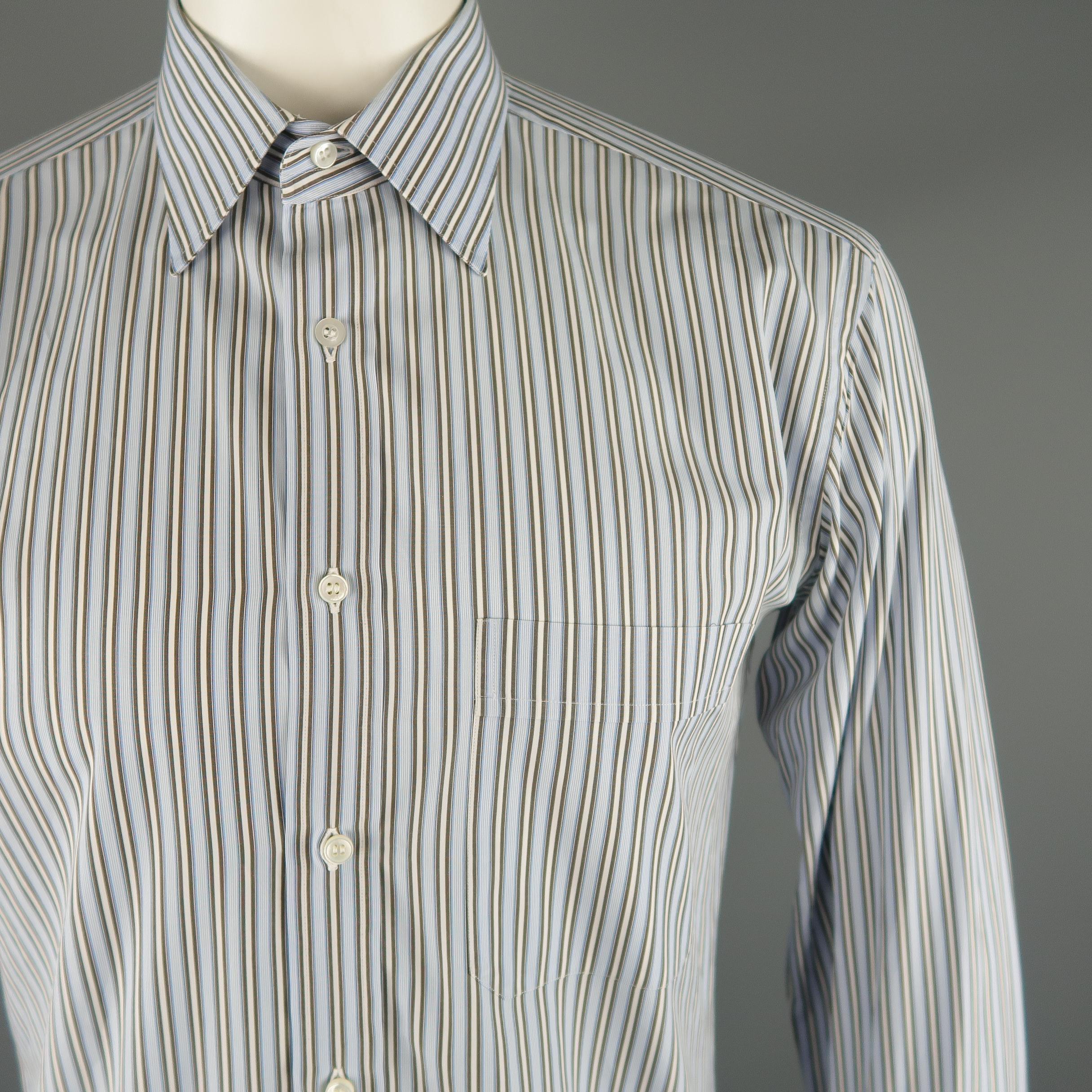 Gray BRIONI Size L Light Blue Stripe Cotton Long Sleeve Shirt