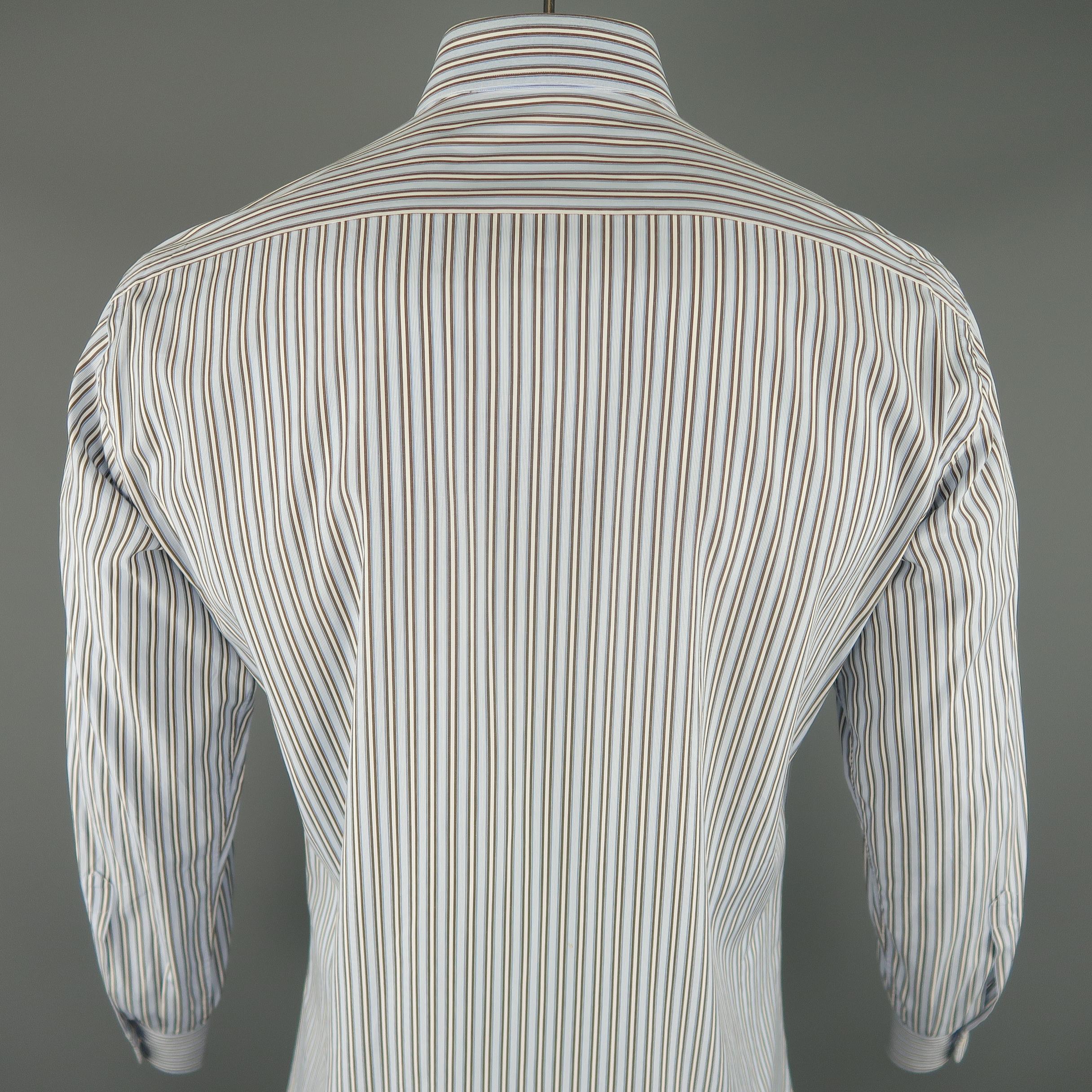 BRIONI Size L Light Blue Stripe Cotton Long Sleeve Shirt 1