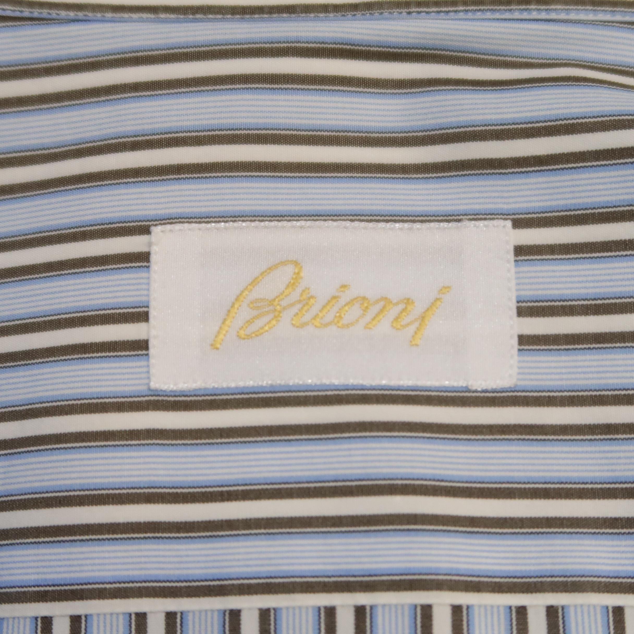 BRIONI Size L Light Blue Stripe Cotton Long Sleeve Shirt 3