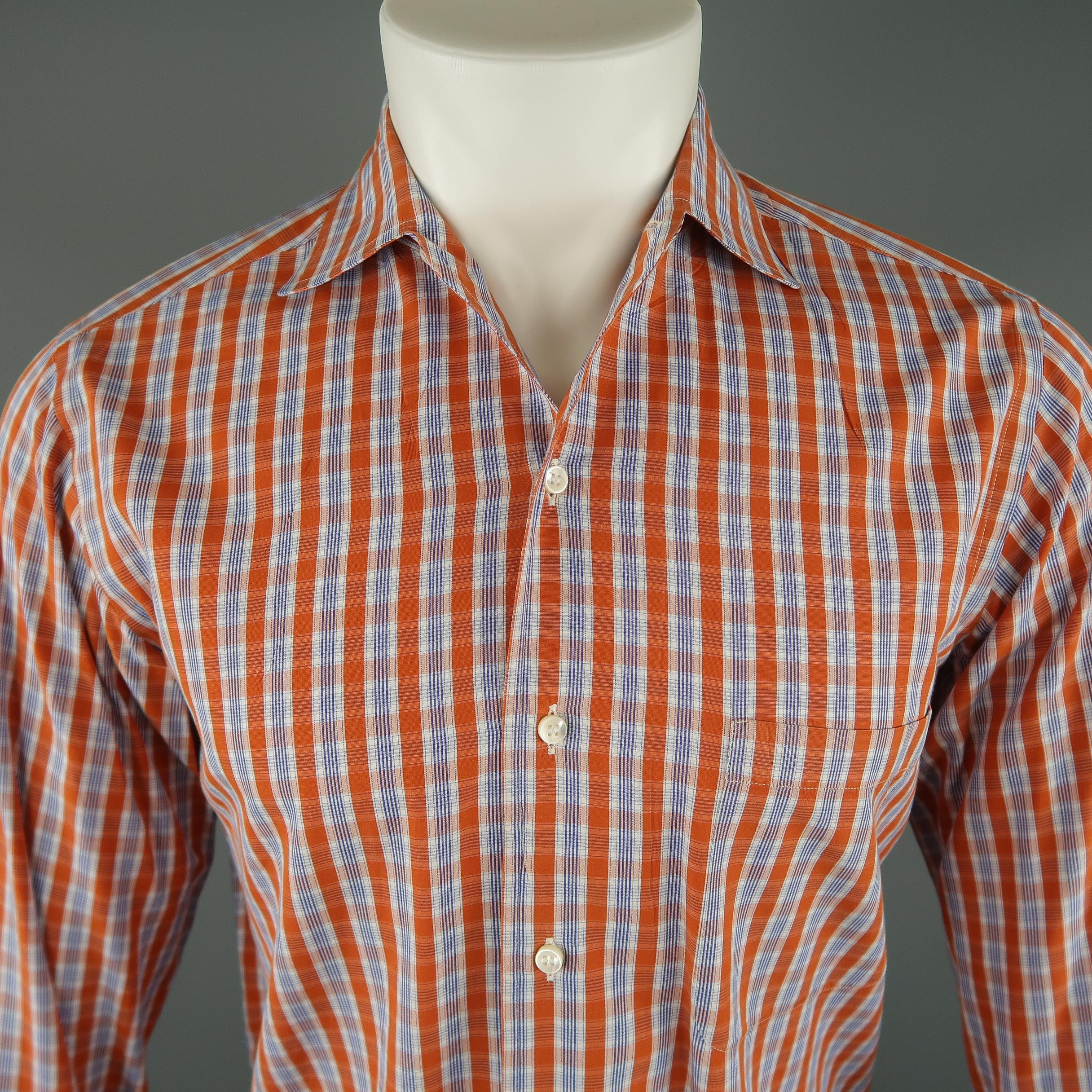 LORO PIANA long sleeve shirt comes in orange and white tones in plaid cotton material, with a spread collar, front pocket and button up.
 
Excellent Pre-Owned Condition.
Marked: S
 
Measurements:
 
Shoulder: 15.5 in.
Chest: 42 in.
Sleeve: 26